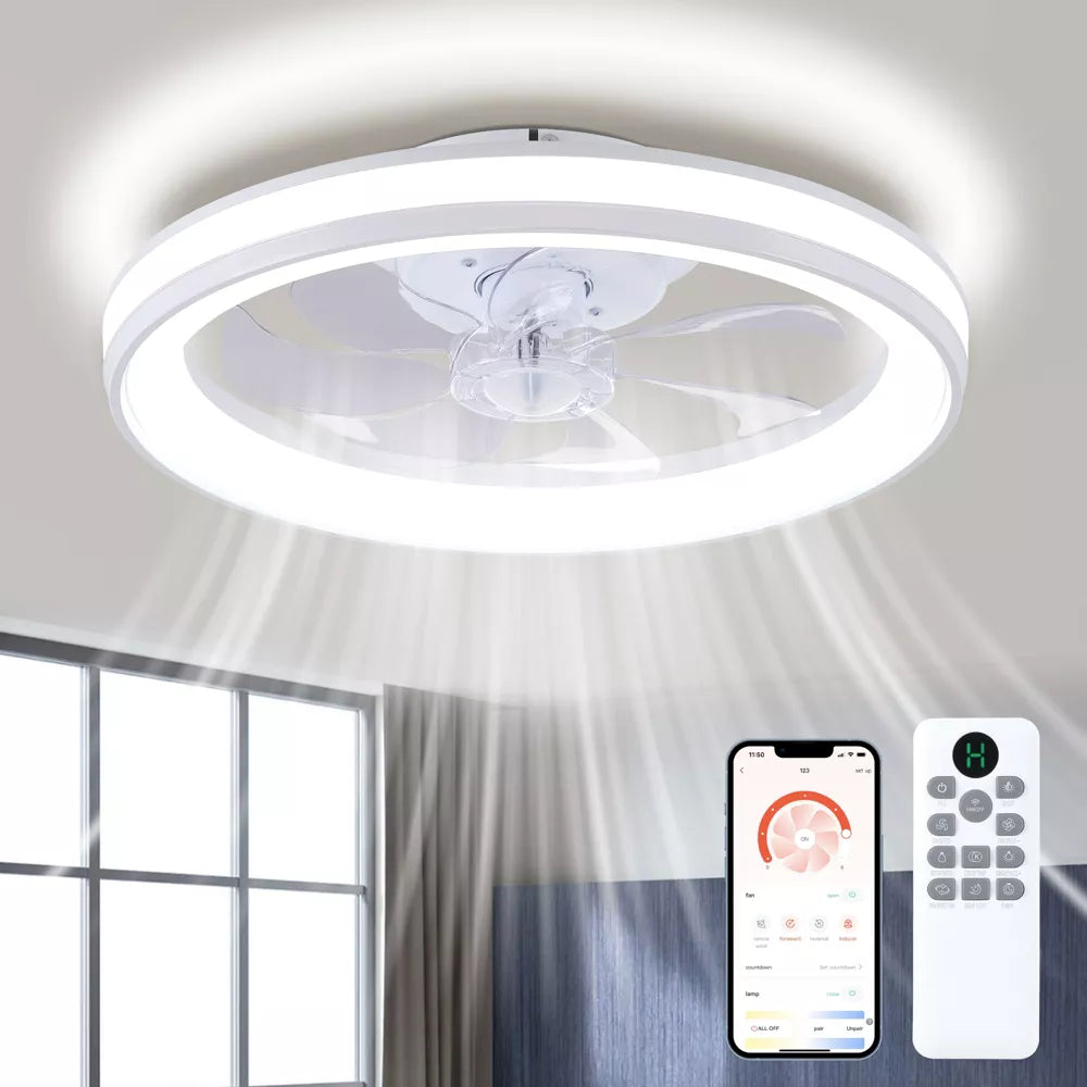 HUMHOLD 20'' Ceiling Fan with Light and Remote, Low Profile Ceiling Fans with 3-Color Dimmable Lights, 6 Wind Speeds Flush Mount Ceiling Fan