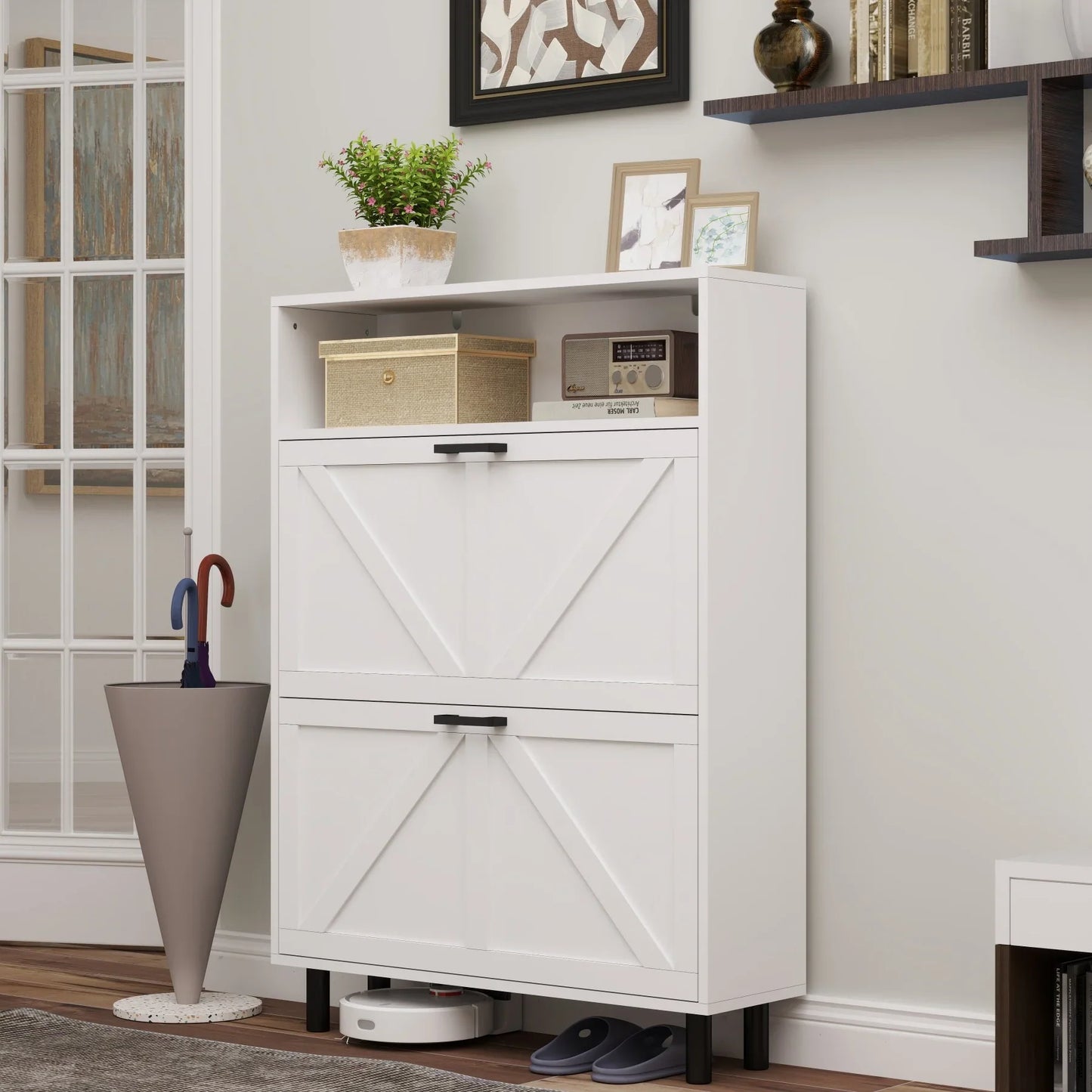 Farmhouse Shoe Cabinet Storage with Barn Door Design, Shoe Organizer with 2 Flip Drawers, Freestanding Narrow Shoe Rack Cabinet with Hooks for Entryway,Foyer,Hallway(Antique White)