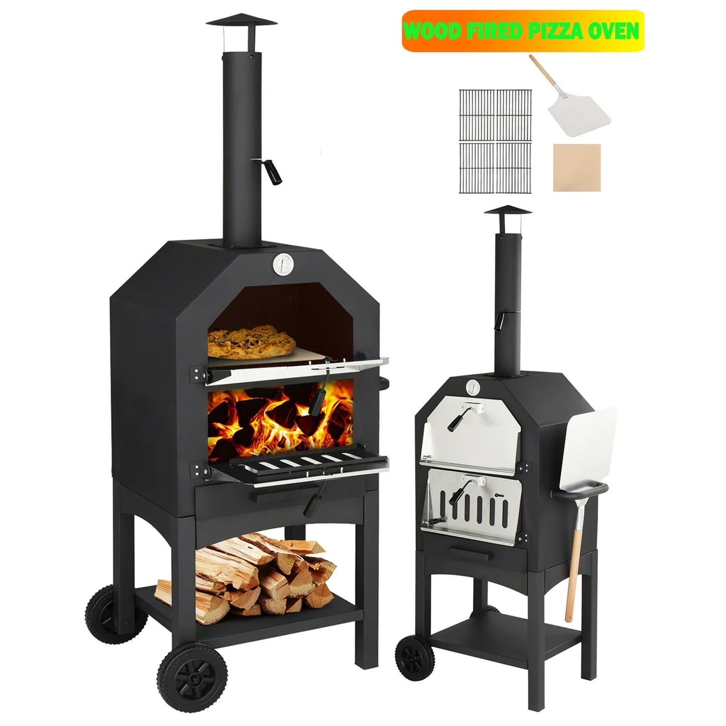 Freestanding Pizza Oven for Outside, Firewood Burning Pizza Maker Stove for Patio Camping Picnic, Portable Pizza Oven on Wheels with Pizza Stone, Peel, Grids, Grills, Thermometer