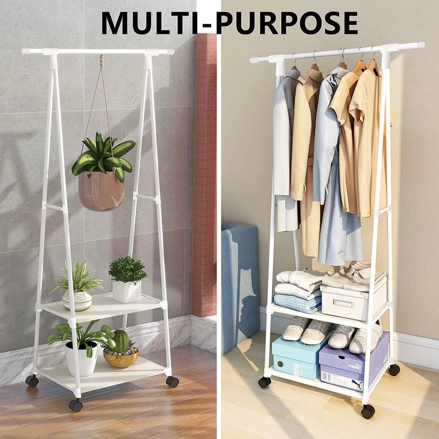 Clothes Rack on Wheels, Triangle Coat Rack, Rolling Garment Rack, 2 Tier Rolling Clothes Rack, Coat Hanging Rack, Portable Garment Laundry Rack for Home Office Dorm White