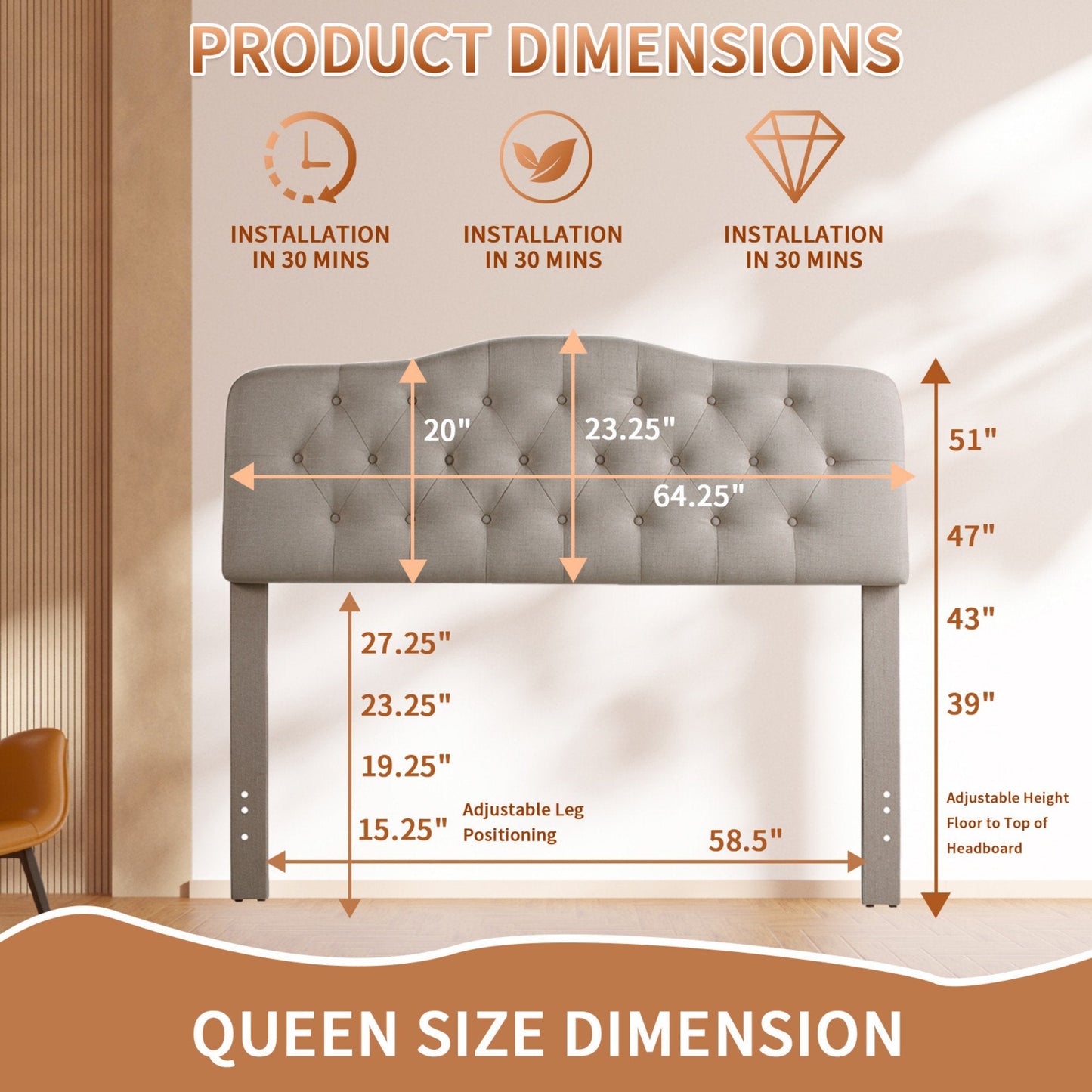 SENCHO GINSYTALIOR Adjustable Height Headboard with Linen Upholstery and Button Tufting for Bedroom, Queen, Classic Beige
