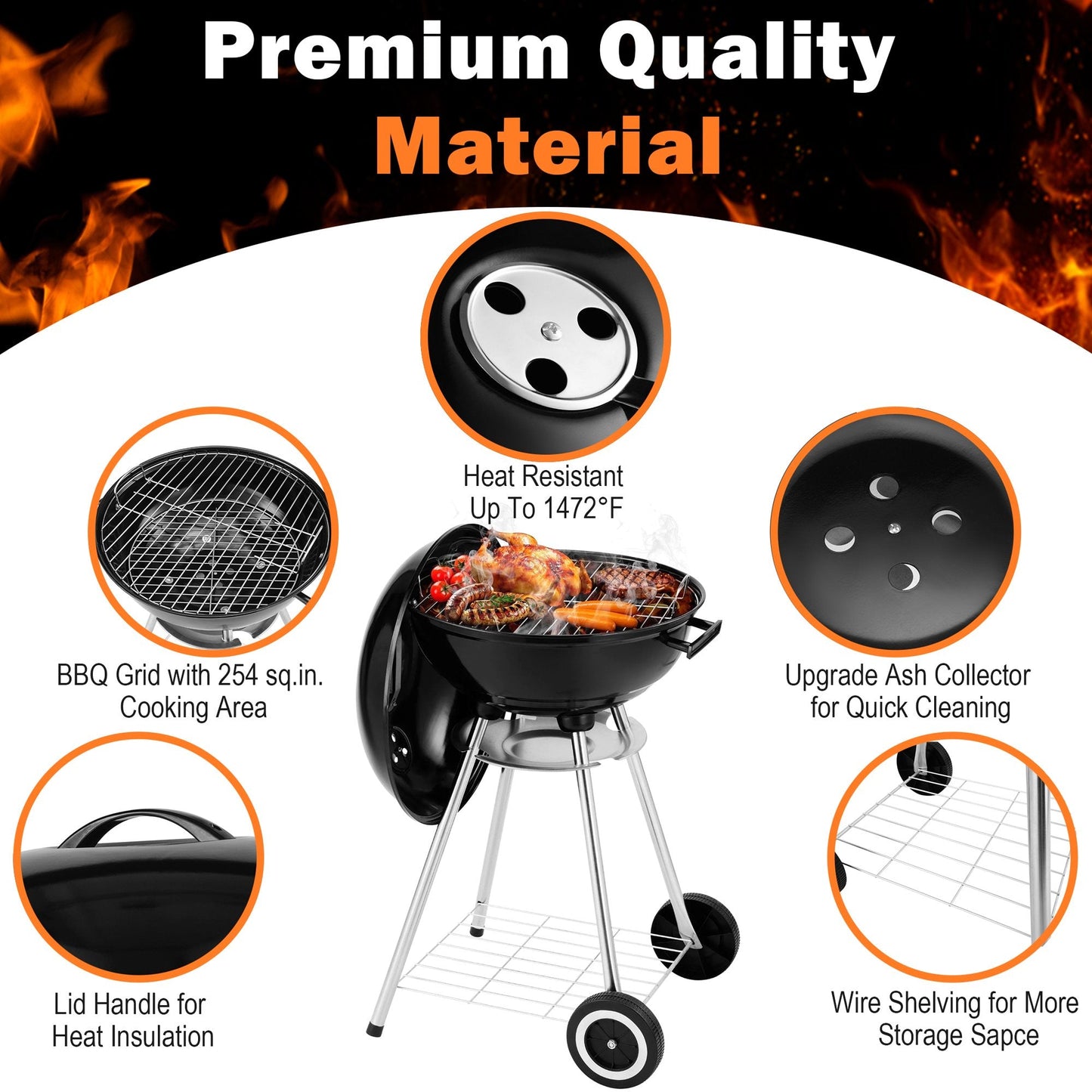 Segmart Kettle Charcoal Grill, 18 Inch Portable Camping BBQ Grill with Wheels for Outdoor Cooking Picnic Barbecue, Black