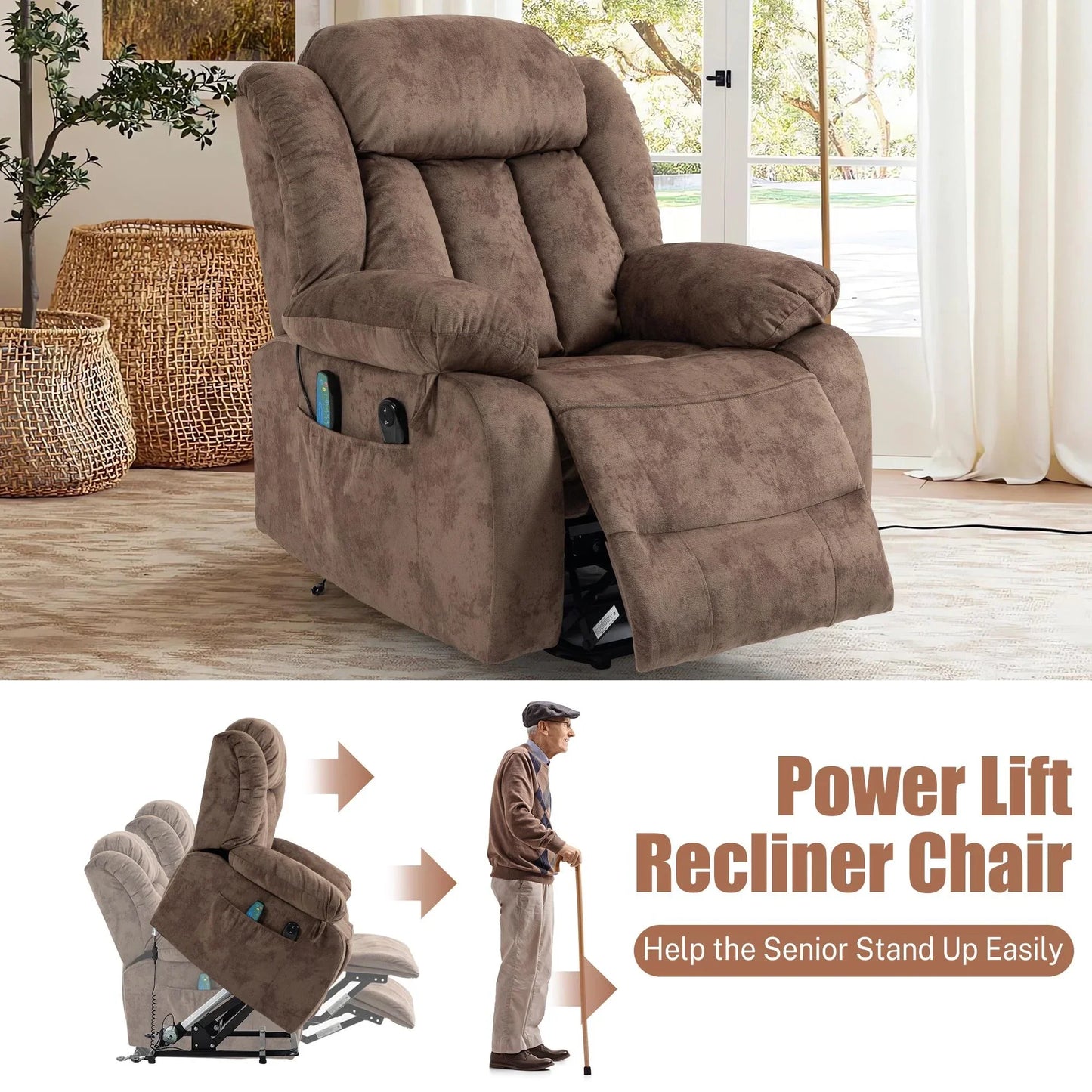 Power Lift Recliner Chair for Elderly, Heavy Duty and Safety Motion Reclining Mechanism Recliner Chair with Remote Control, Plush Fabric Sofa Living Room Chair with Overstuffed Design, Brown, SS239