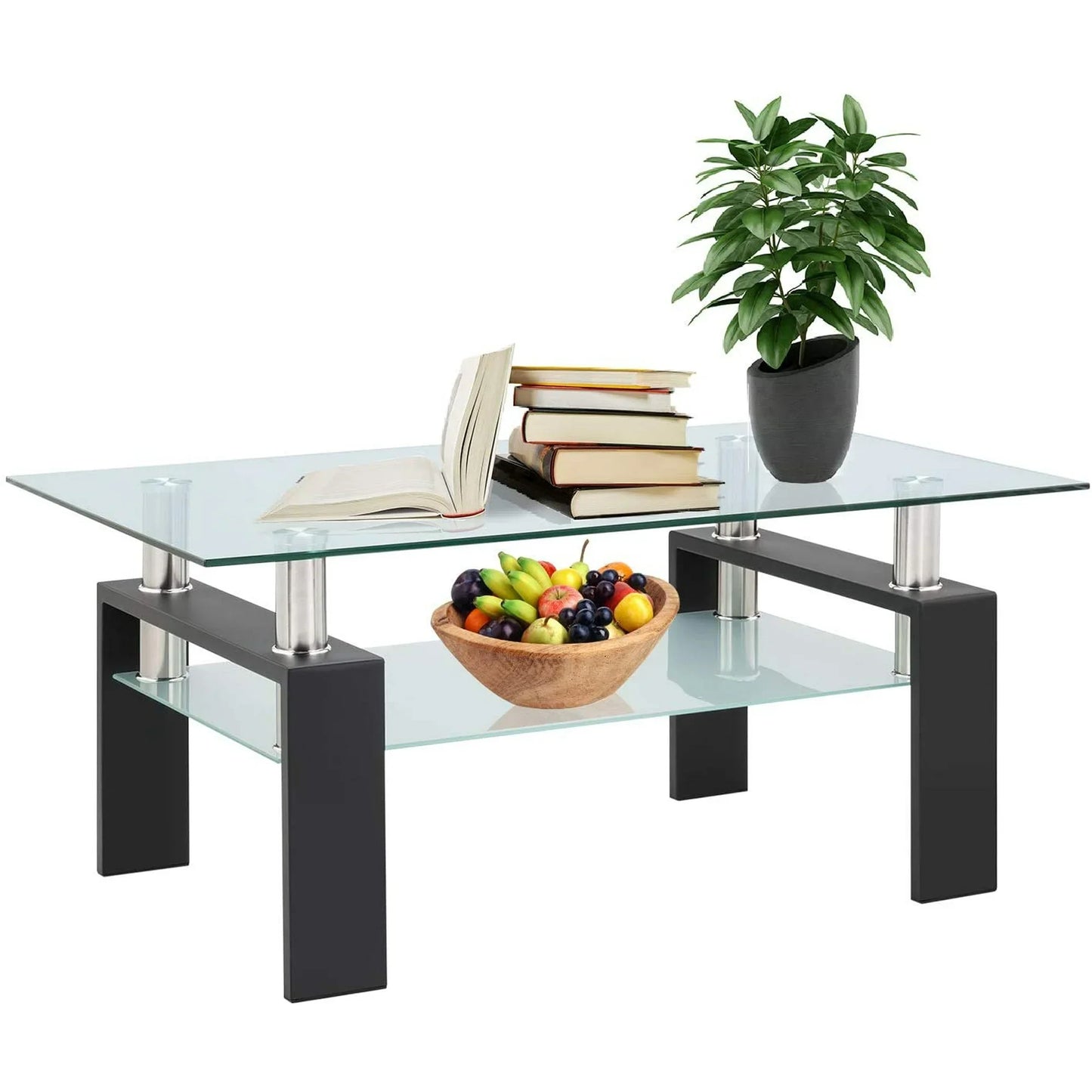 Glass Coffee Table with Lower Shelf, SEGMART Clear Rectangle Glass Coffee Table, Modern Coffee Table with Metal Legs, Rectangle Center Table Sofa Table Home Furniture for Living Room