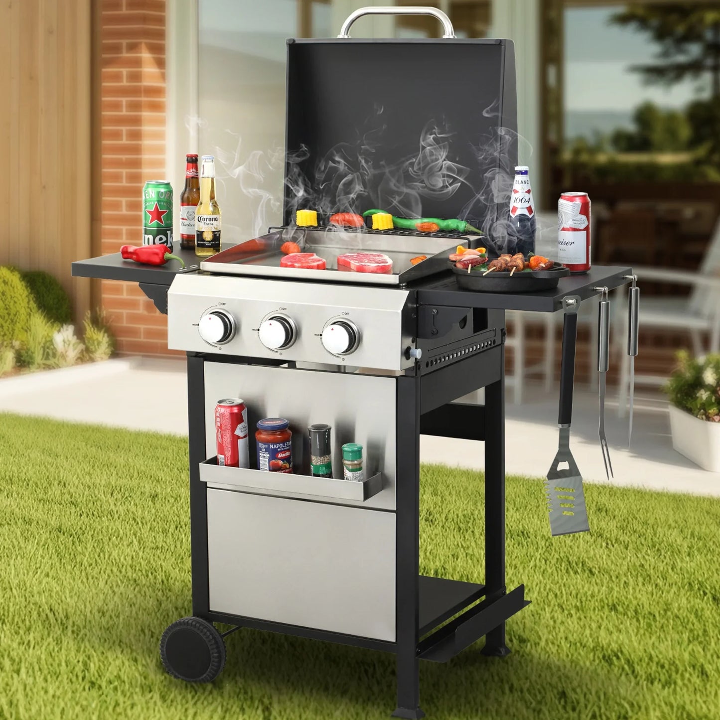 2 in 1 Propane Gas Grill and Griddle Combo, 3 Burner Griddle Grill Combo with Folding Side Tables & Hanging Basket, 36,900BTU Stainless Steel Propane Grill for Outdoor Cooking