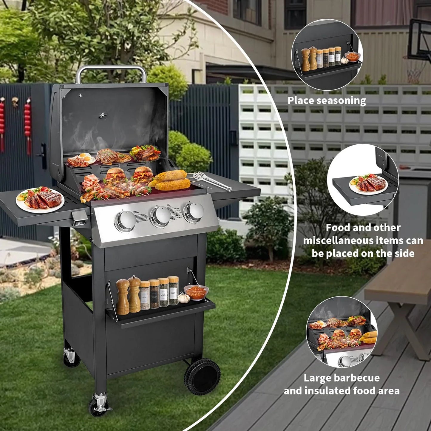 Segmart 3 Burner BBQ Propane Gas Grill, Stainless Steel 30,000 BTU Patio Garden Barbecue Grill with Side Tables, Hanging Basket & Thermometer, Perfect for Camping, Outdoor Cooking