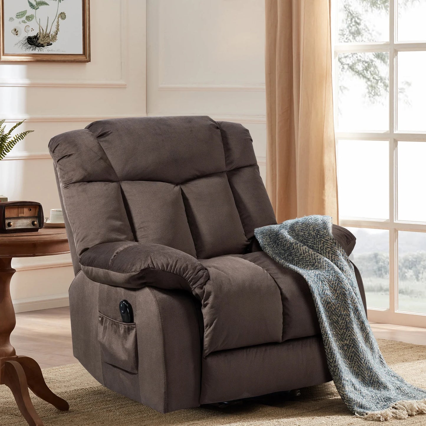 Lift Recliner, Electric Power Lounge Single Sofa for Elderly and Disabled, Heavy Duty Reclining Chair with Remote Control, Plush Fabric Sofa Living Room Chair with Overstuffed Design, Coffee, SS438
