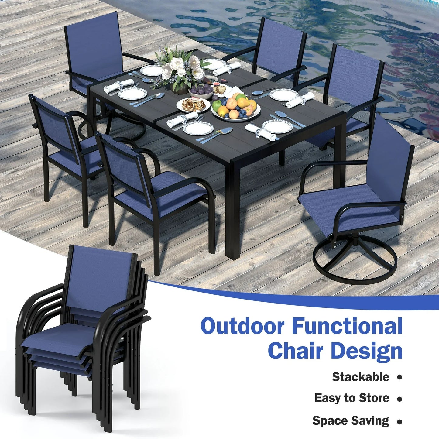 Segmart Outdoor Dining Set for 6 Person, Patio Table and Chairs Set with Textilene Armchairs, Conversation Furniture Set for Backyard, Poolside, Dark Blue