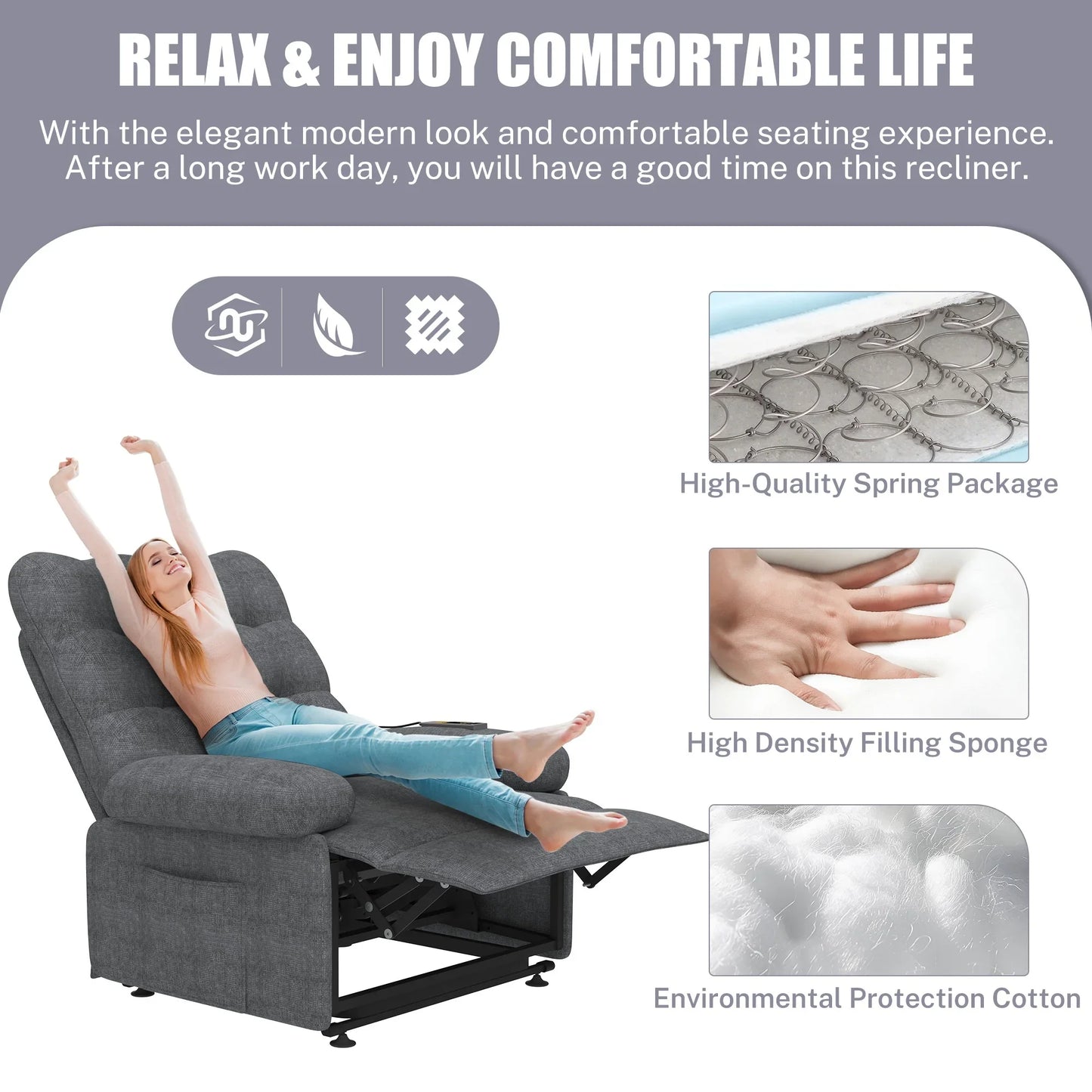Segmart Power Lift Recliner Chair for Elderly, Heavy Duty 440lbs Antiskid Classic Fabric Linen Sofa Chair, 3 Motors Ergonomic Lounge Single Sofa with Overstuffed Arms and Remote Control, Grey