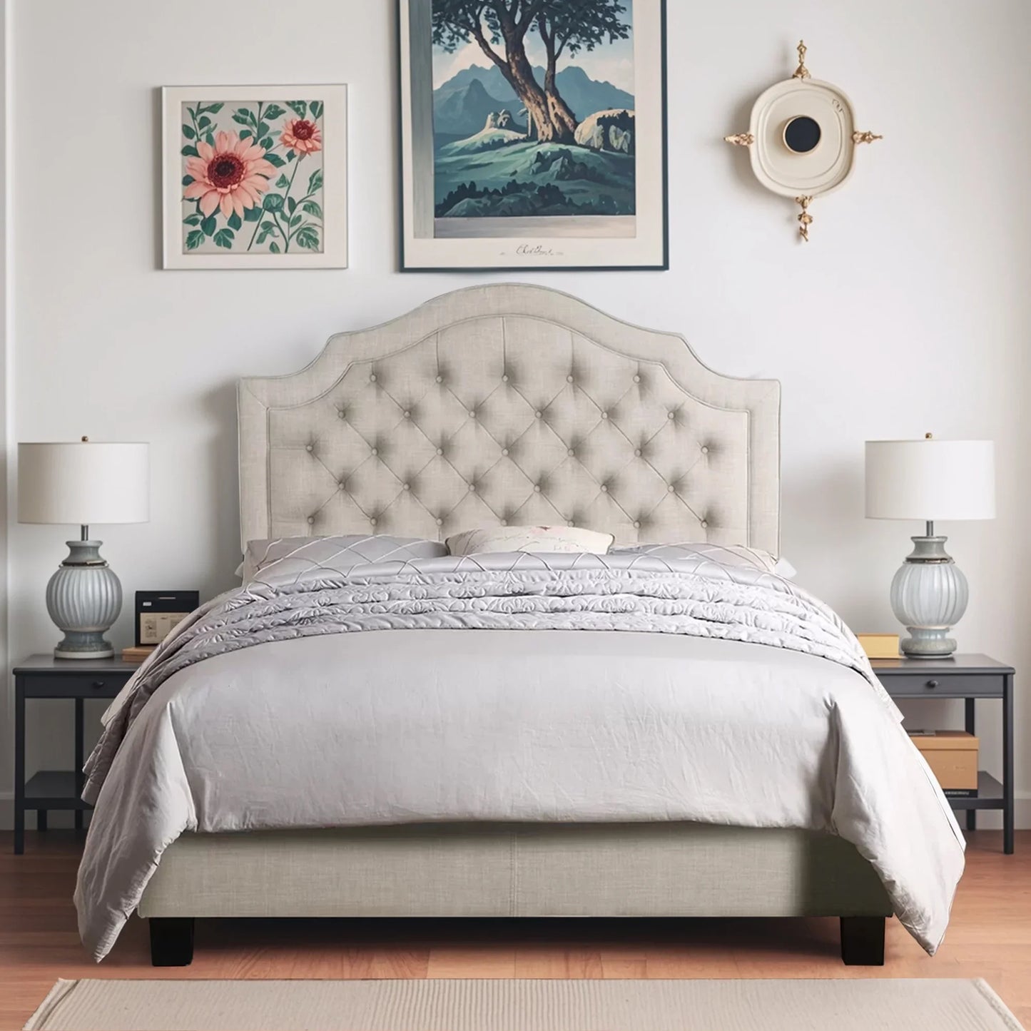 Queen Size Classical Bed Frame with Adjustable Button Tufted Headboard, Fabric Upholstered Platform Bed Frame for Bedroom, Strong Wooden Slat Support, Easy Assembly, Beige