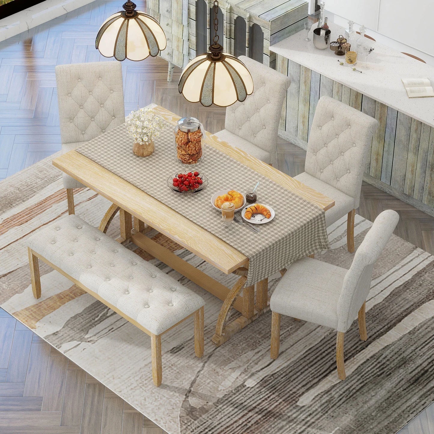 EUROCO 60" 6-Piece Dining Table Set,Dining Room Set with 1 Table,Unique Table Legs,Bench and 4 Cushioned Chairs,Solid Wood Rectangular Table and Chair Set, Kitchen Table Set