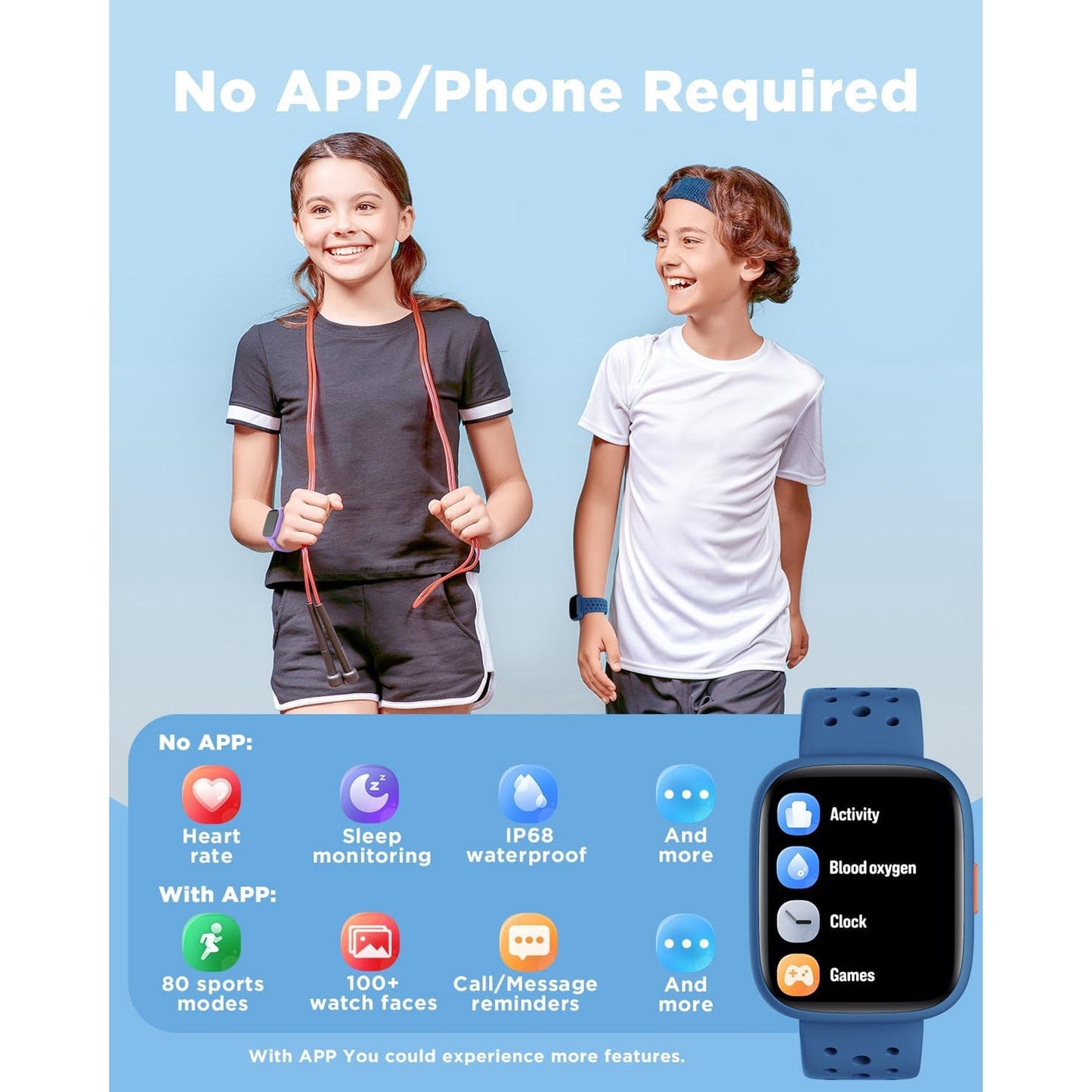 BIGGERFIVE Smart Watch for Kids No APP No Phone Needed, 1.8" Fitness Tracker Watch Pedometer, Sleep Monitor, IP68 Waterproof, Step Counter, Puzzle Games for Girls Boys Teens 5-16, Blue