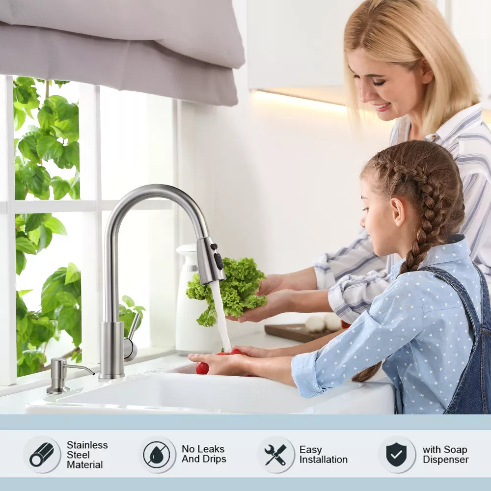 WOWOW Classic Single Handle Pull-Down Sprayer Kitchen Faucet with Soap Dispenser
