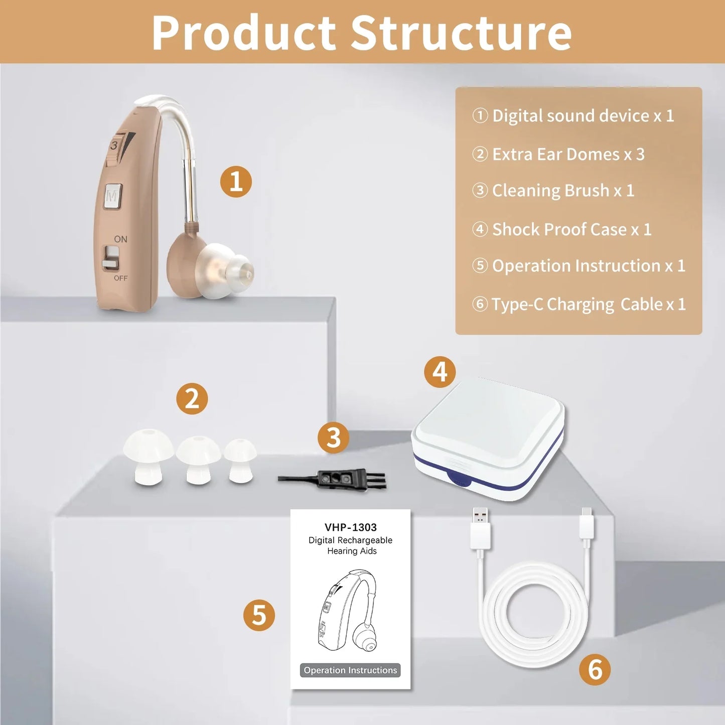 ELCTRTICI Rechargeable Hearing Aid for Adults – Noise-Cancelling, 2 Frequency Modes, Adjustable Volume Hearing Aid, Beige