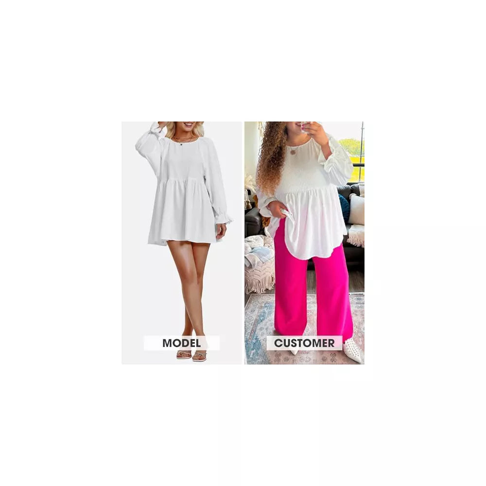 EXLURA Womens Long Sleeve Blouses Swiss Dot Babydoll Loose Fit Maternity Top 2025 Spring Fall Tunic Shirts Dressy Casual Tops White
