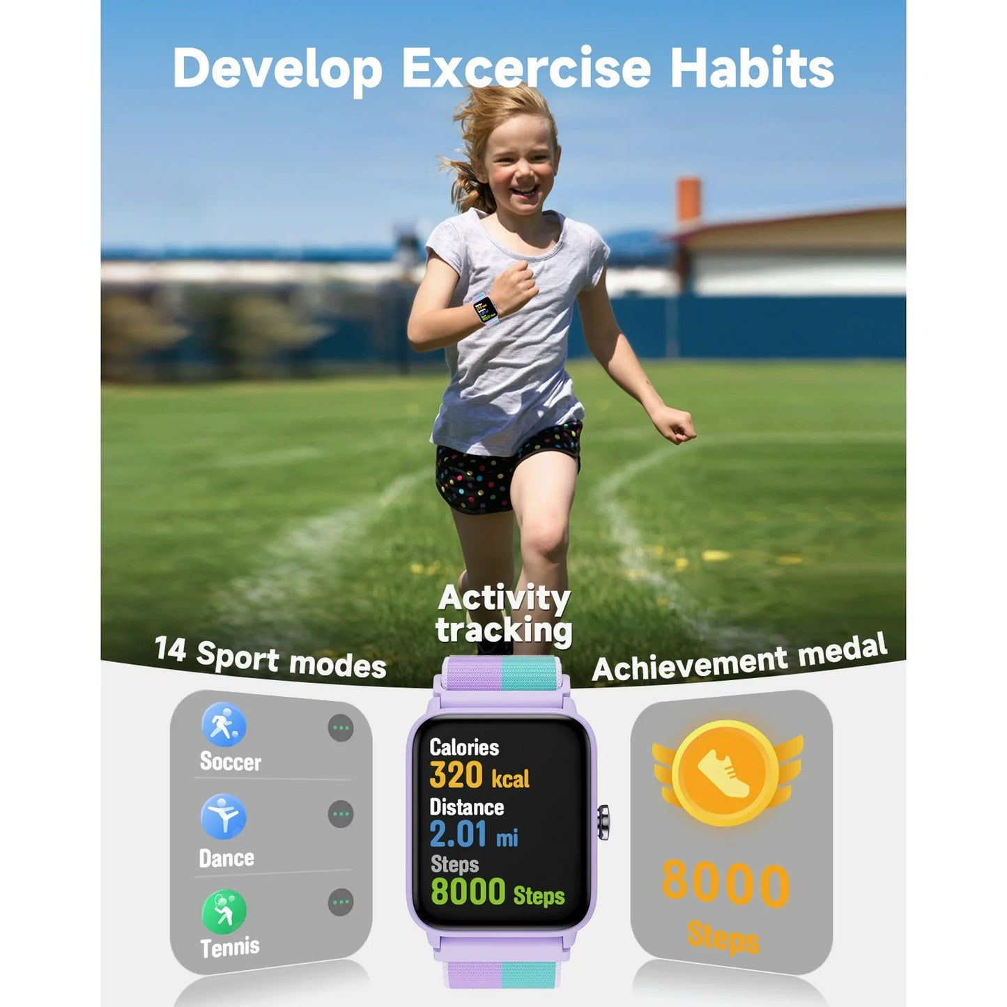 BIGGERFIVE Smart Watch for Kids, Fitness Tracker Pedometer for Girls Boys Ages 5-14, Heart Rate, 5ATM Waterproof, Sleep Monitor, Alarm Clock, Calorie Step Counter, Puzzle Games, Nylon Band, Lilac