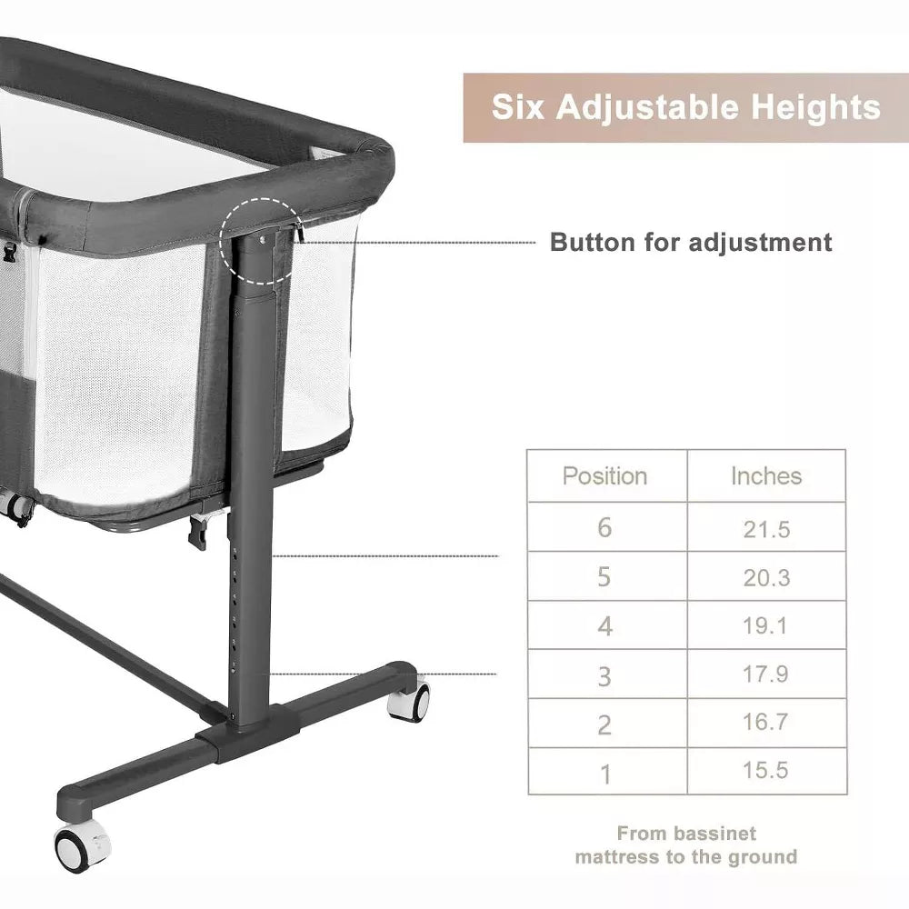 Kinder King Baby Folding Bassinet w/Wheels,Portable Newborn Bedside Sleeper All-Sided Mesh Infant Crib Removable Soft Mattress Grey