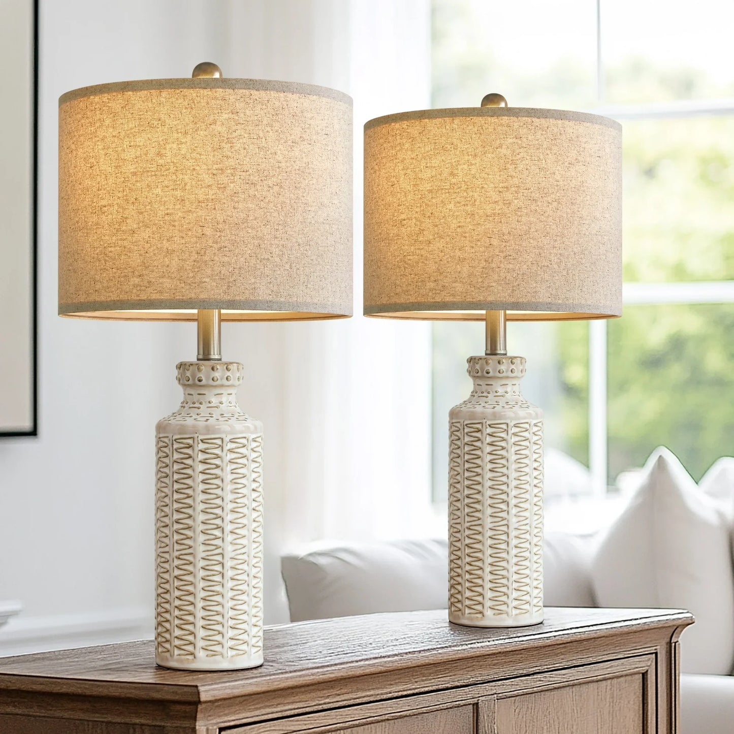 Yokila Ceramic Farmhouse Table Lamp Set of 2 for Living Room Bedroom 24.75" Retro Bedside Nightstand Lamps Home Office