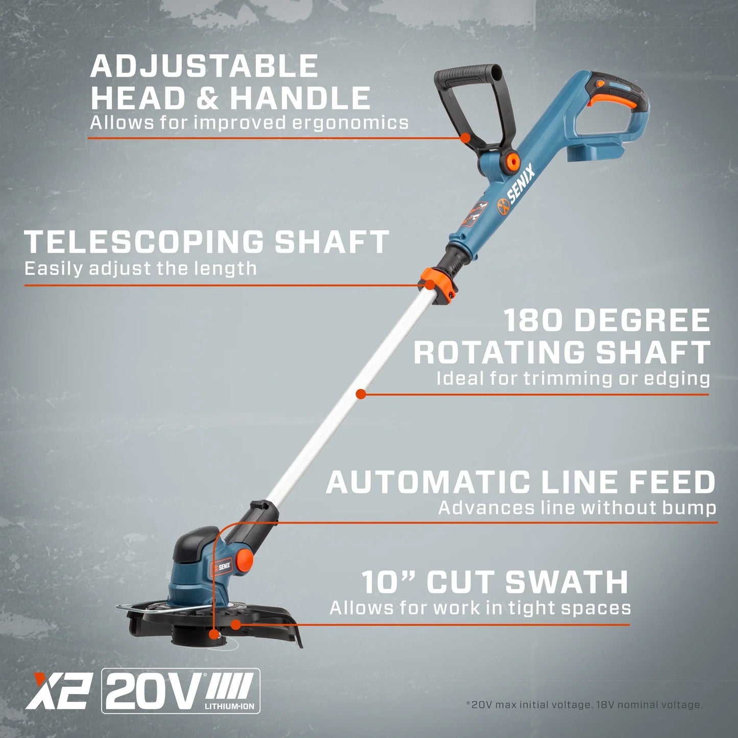 SENIX 20 Volt Max* 10-inch Cordless Grass String Trimmer, Rotating & Telescopic Shaft for Trimming and Edging, Adjustable Head (Battery & Charger Included) GTX2-M