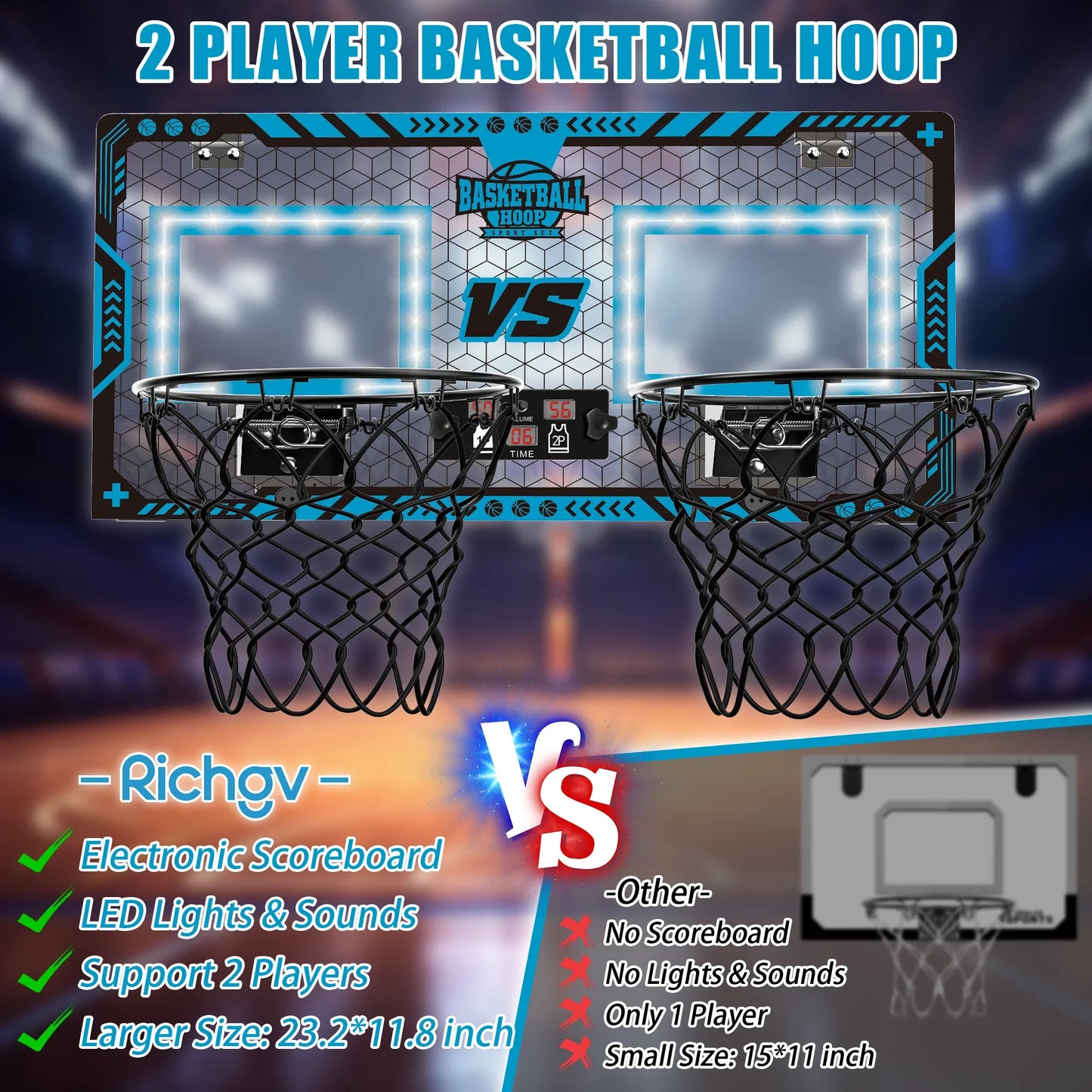 Richgv Double Shot Basketball Hoop for Kids, Indoor 2 Player Basketball Hoop with Electronic Scoreboard, Boys Toys Mini Door Basketball Hoop with 2 Balls