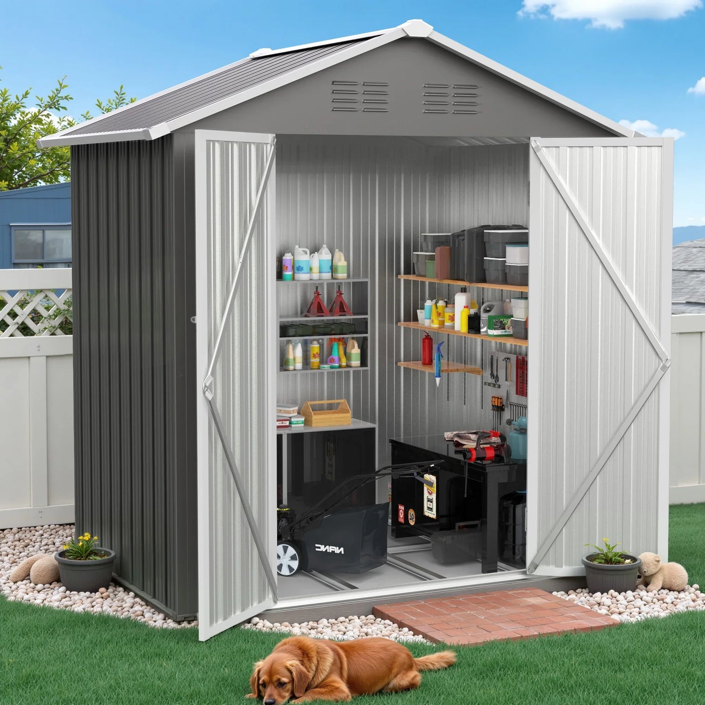 6' x 4' Outdoor Metal Storage Shed with Metal Base , Seizeen Tools Storage Shed, Galvanized Steel Garden Shed with Lockable Doors for Backyard, Patio, Lawn