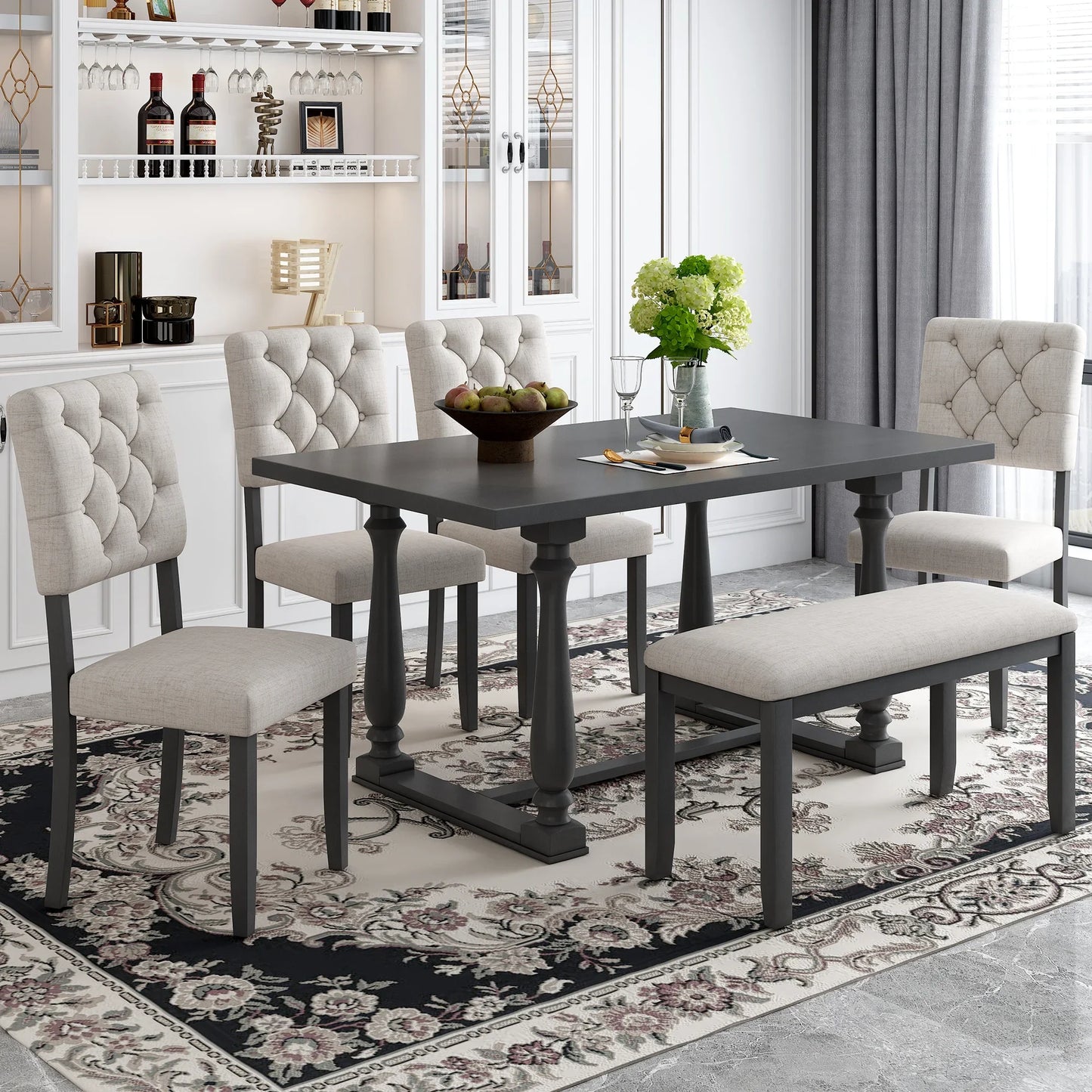 EUROCO 6-Piece Dining Table and Chair Set with Special-shaped Legs and Foam-covered Seat Backs&Cushions for Dining Room