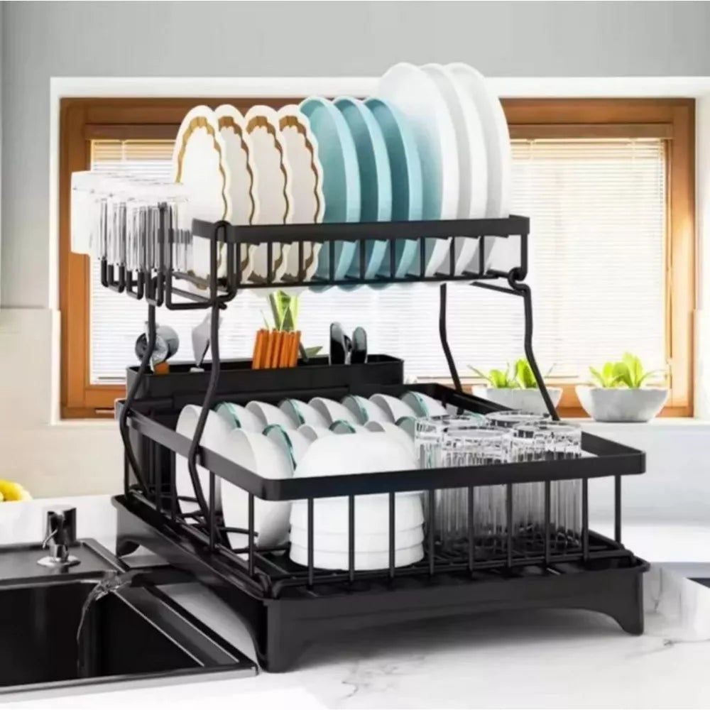 DOMETOUR Dish Racks for Kitchen Counter - Stainless Steel Dish Drying Rack with Drainboard, Detachable Dish Drainers with Utensil Holders