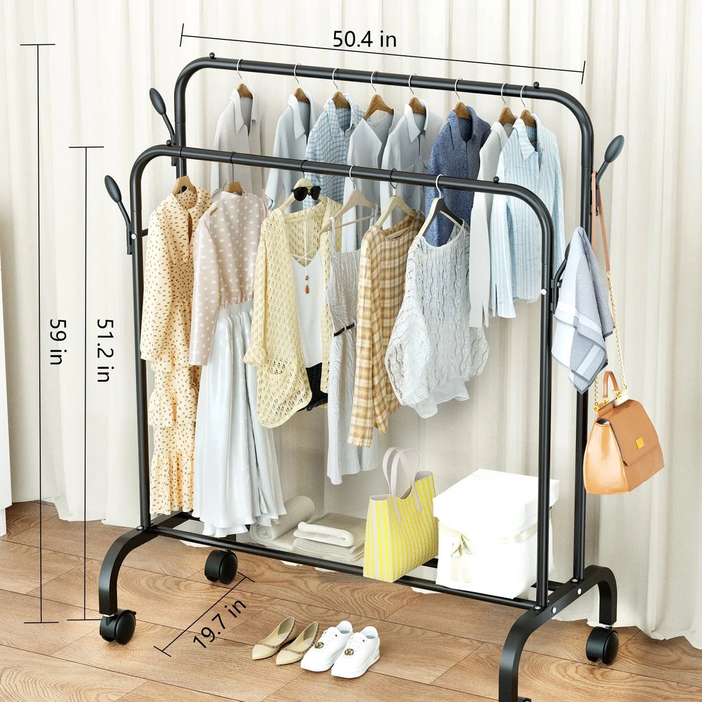 Clothes Rack for Hanging Clothes, Double Rods Clothes Rack with Wheels, Multi-functional Clothing Rack for Bedroom, 4 Hooks