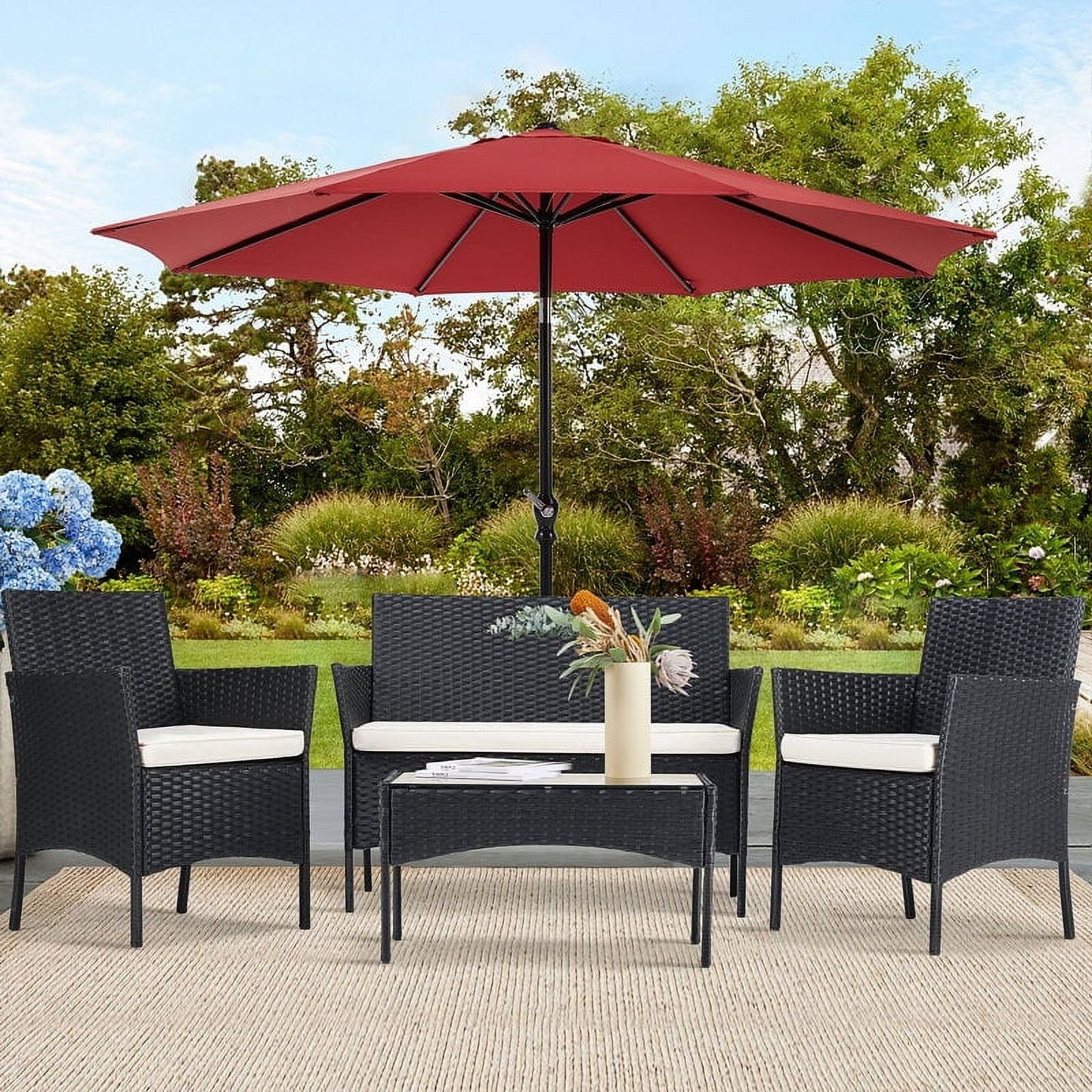 Outdoor Patio Conversation Set, Segmart 4 Pieces Rattan Sofa Set Cushioned Sofa & Charis, Deck Porch Poolside Furniture Table Set for 4, Black