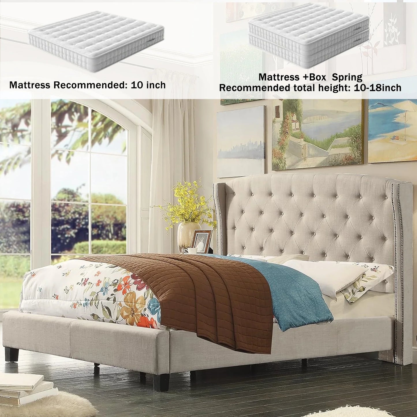 Queen Size Classical Bed Frame with Adjustable Button Tufted Headboard, Fabric Upholstered Platform Bed Frame for Bedroom, Strong Wooden Slat Support, Easy Assembly, Beige