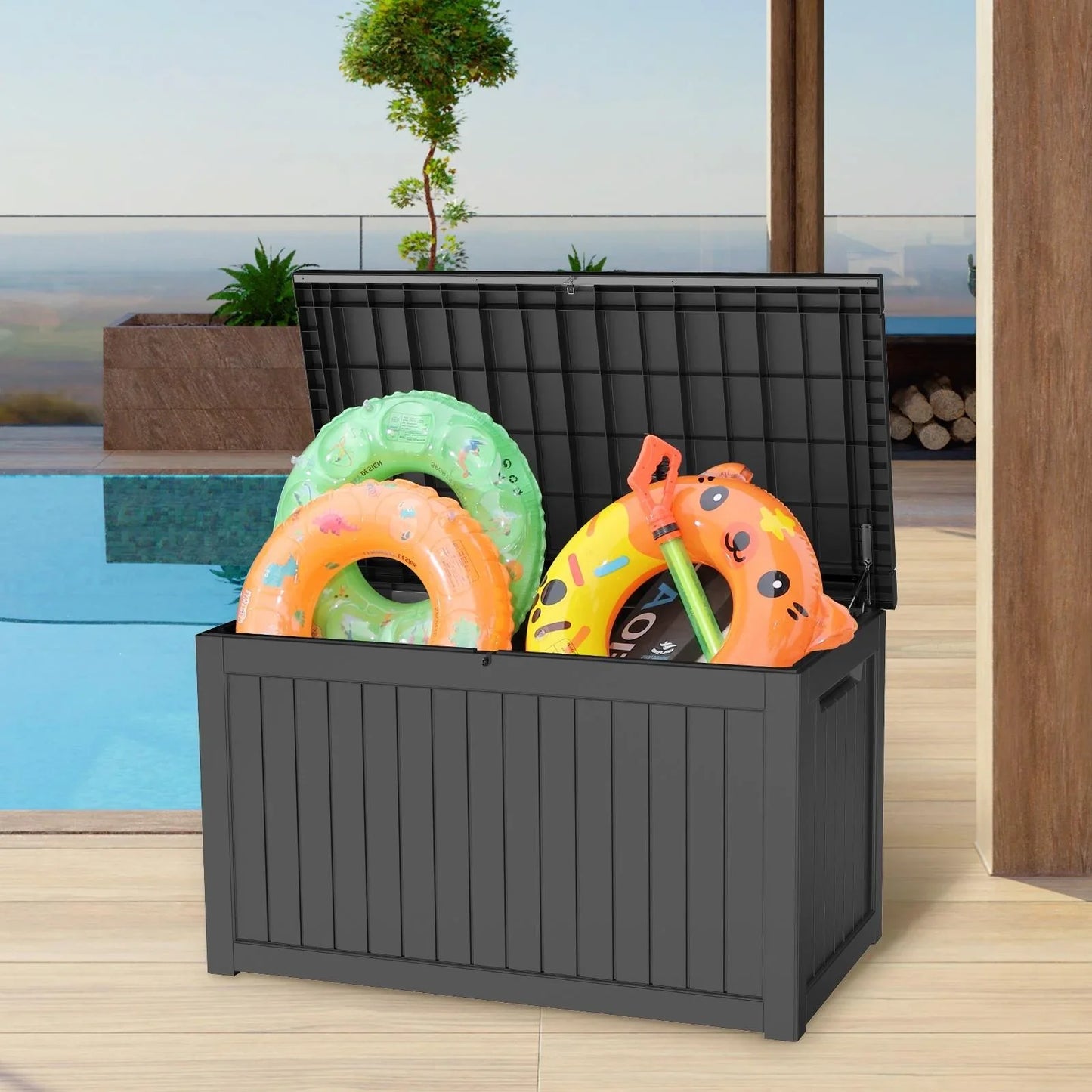 1000LBS Deck Box for Outdoor, 230GAL Resin Storage Bench Toy Box, Patio Pool Furniture Cushion Storage Waterproof, Automatically-Open Lid w/Reinforced Steel Beam