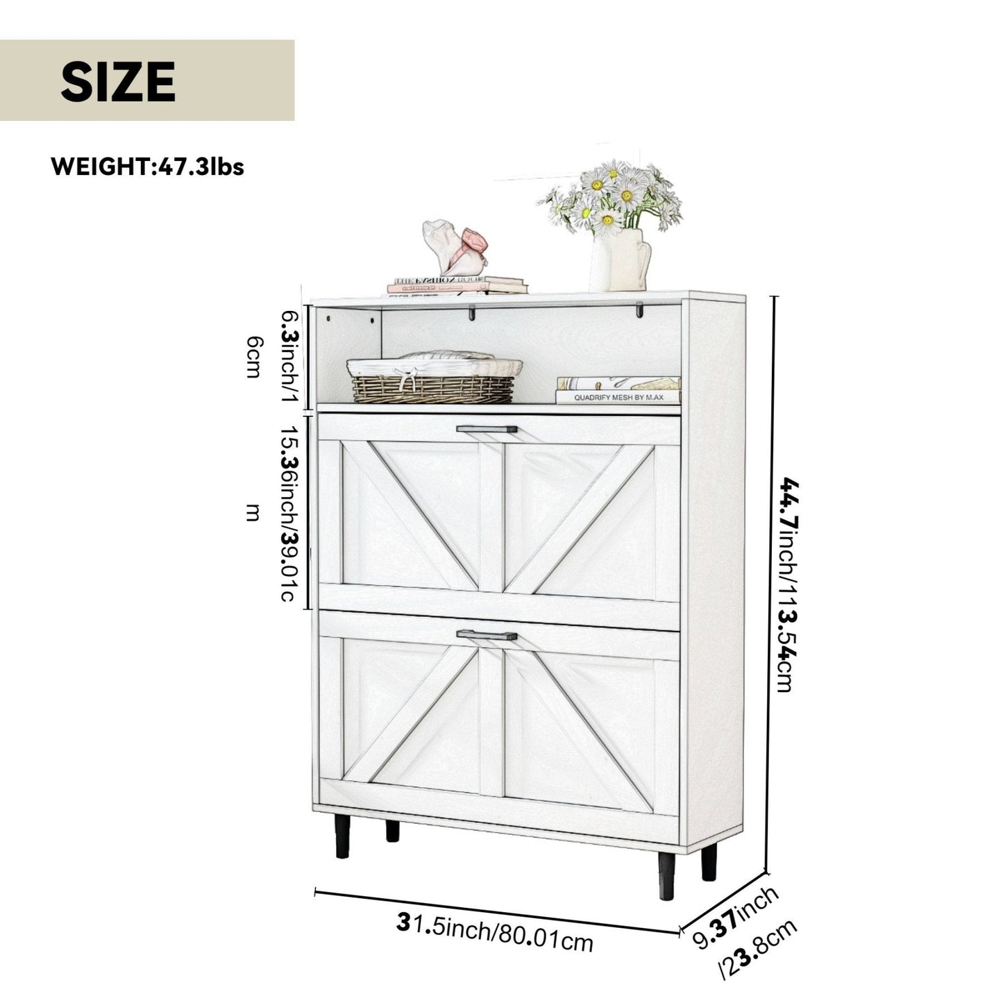 Farmhouse Shoe Cabinet Storage with Barn Door Design, Shoe Organizer with 2 Flip Drawers, Freestanding Narrow Shoe Rack Cabinet with Hooks for Entryway,Foyer,Hallway(Antique White)