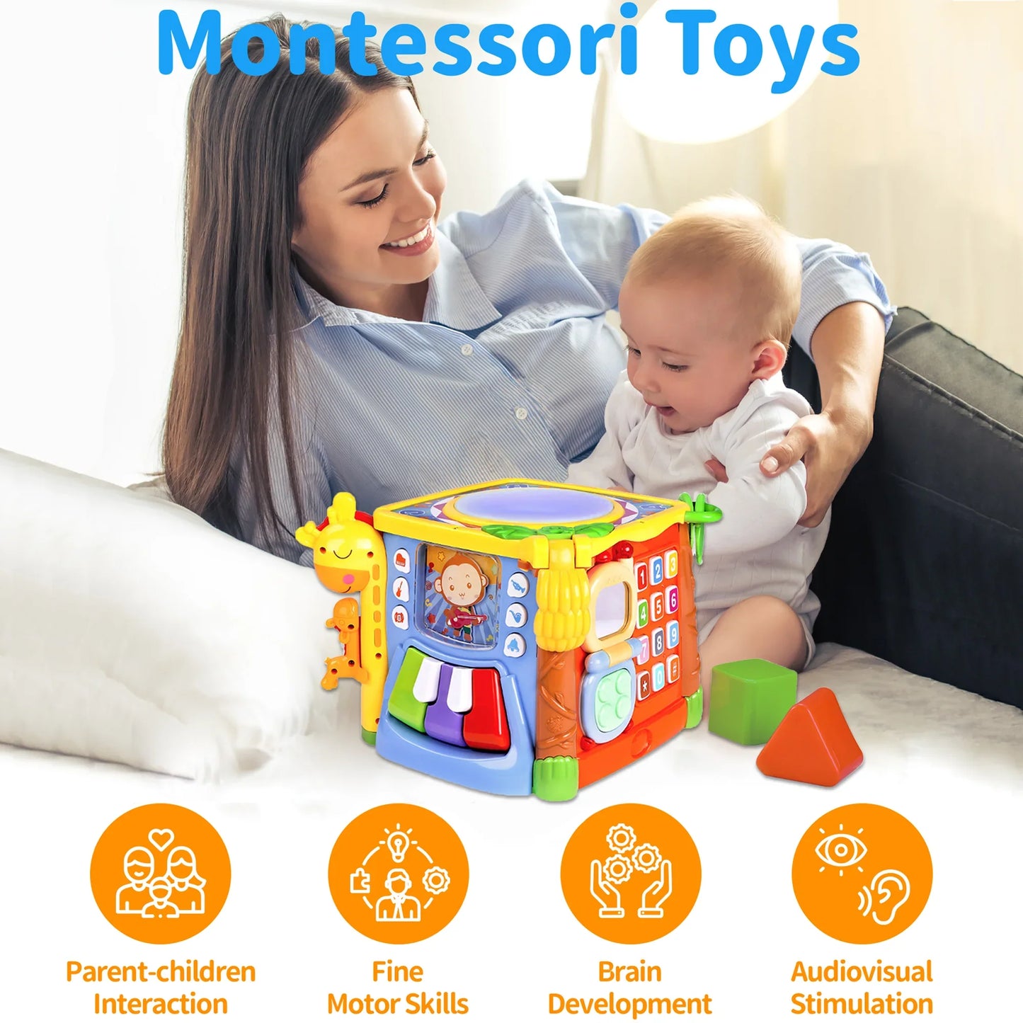 Richgv Activity Cube Montessori Toys for 1 Year Boys Girls, Preschool Learning Toys Baby Educational Toy with Music Light