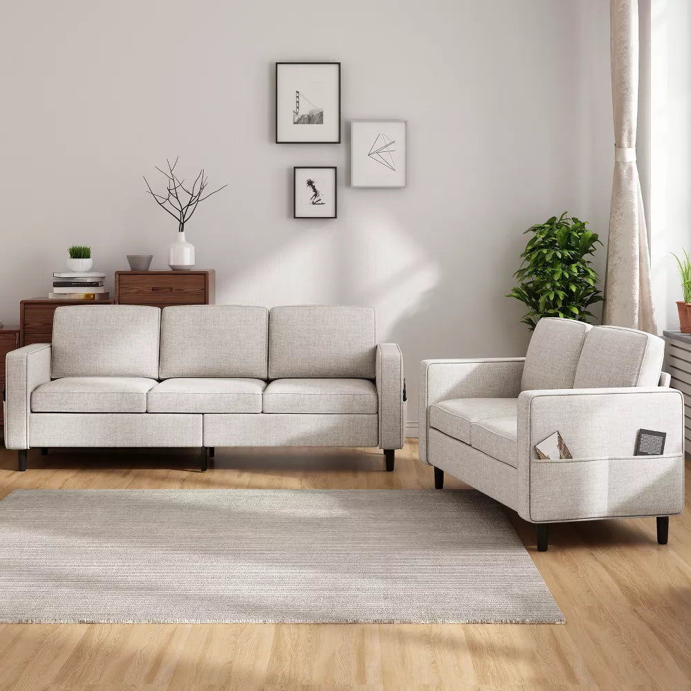 Mjkone 3PCS Convertible Sectional Sofa Set, Linen 3-Seater Sofa & Loveseat Couch with Side Pocket, Storage Ottoman