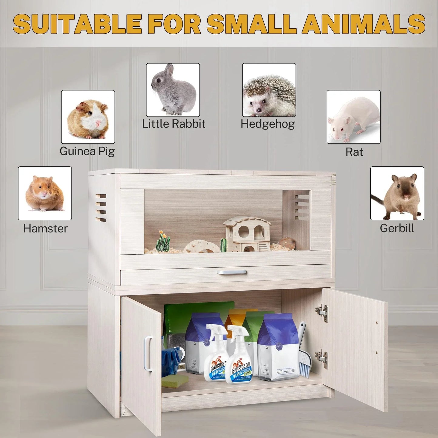 Segmart Hamster Cage Large Size, Deluxe Wooden Storage Cabinet Small Animal Cage for Rat Gerbil Guinea Pig Hamster, Openable Top, Front Door, Storage Shelf, Beige