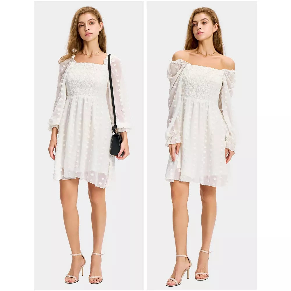EXLURA Women's 2025 Summer Long Sleeve Party Swiss Dot Dress Smocked Ruffle Cocktail Mini Dresses