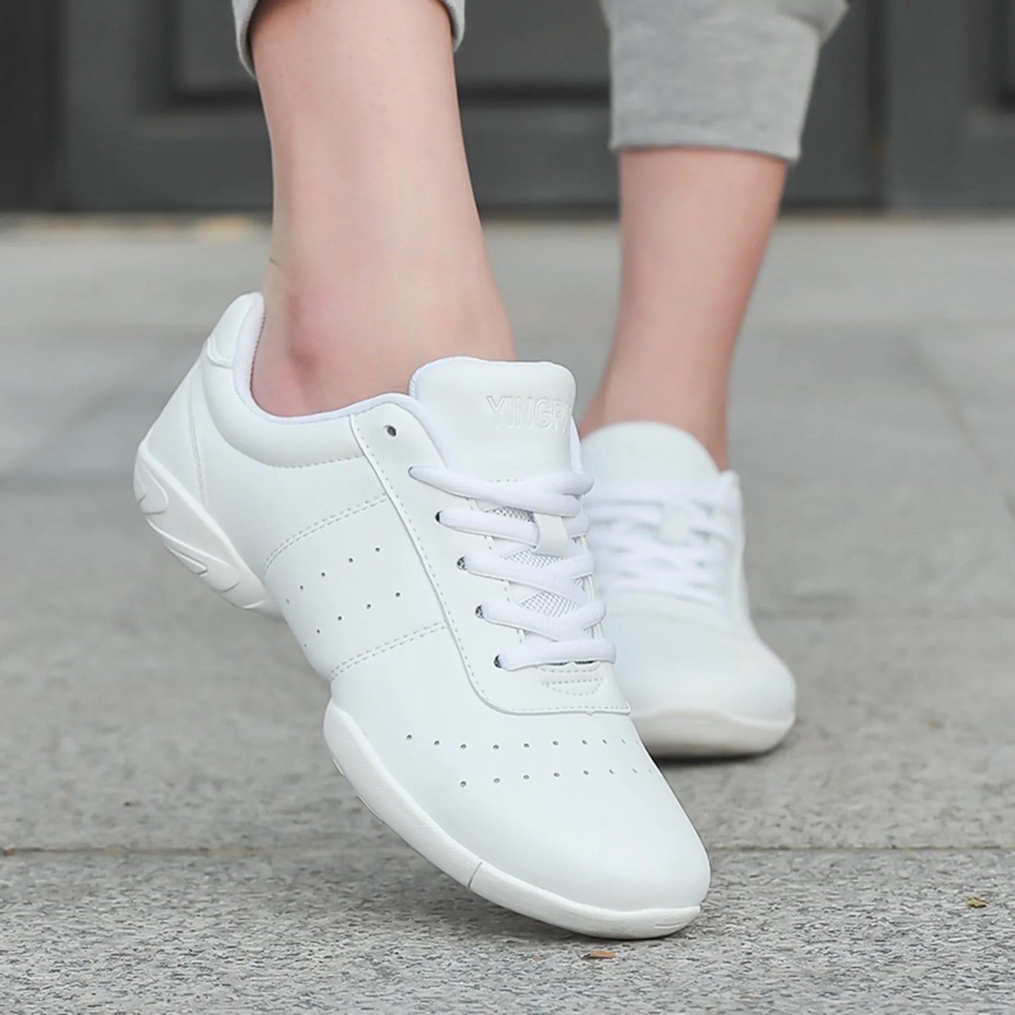 HAOSHIDUO Women's Cheerleading Shoes, Girl's White Cheer Shoes with Breathable PU Leather Soft Soled for Training, Dancing, Yoga
