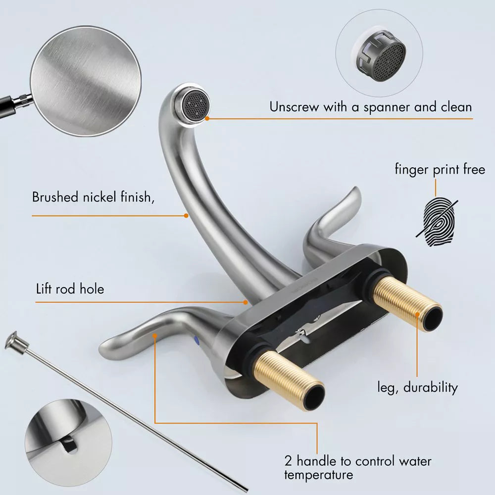 WOWOW 4 in. Centerset Double Handle High Arc Bathroom Faucet with Drain Kit Included
