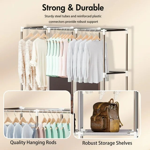 Portable Closet Organizer and Storage with 3 Hanging Rods for Hanging Clothes, 6 Wardrobe Closet Storage Shelves for Bedroom, Easy to Assemble, Grey