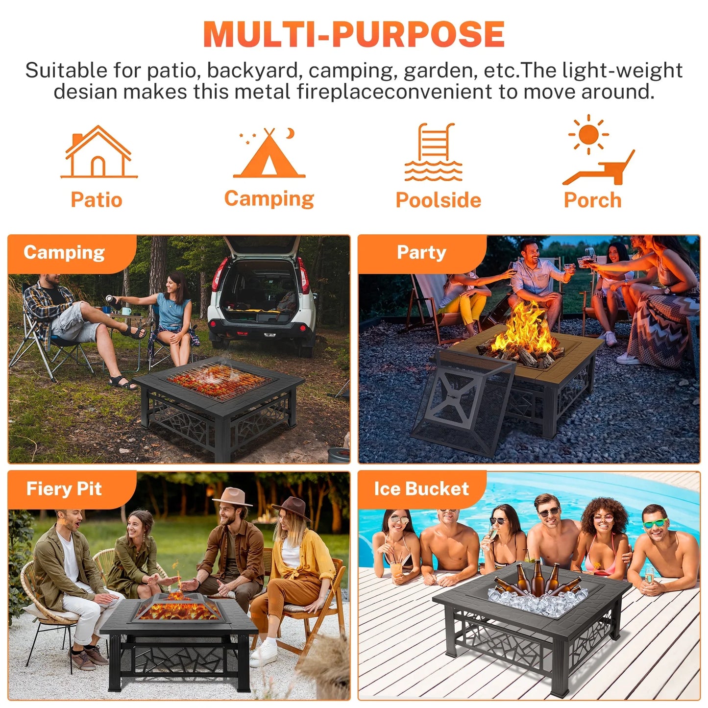 Segmart Fire Pit for Outside, 32" Outdoor Wood Burning Firepit with Fireplace Screen, Patio Fireplace Square Metal Stove for Camping, Outdoor Heating, Bonfire and Picnic, Black