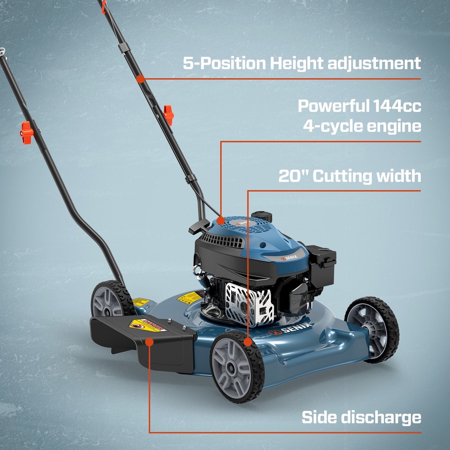 SENIX 20in Gas Push Lawn Mower, 144cc 4-Cycle Engine, 5-Position Height Adjustment with Side Discharge, LSPG-L5