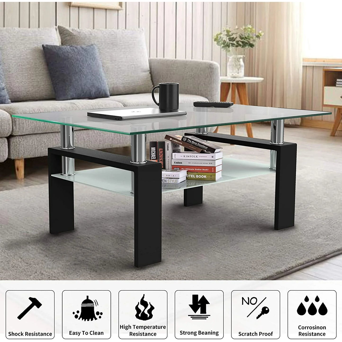 Glass Coffee Table with Lower Shelf, SEGMART Clear Rectangle Glass Coffee Table, Modern Coffee Table with Metal Legs, Rectangle Center Table Sofa Table Home Furniture for Living Room