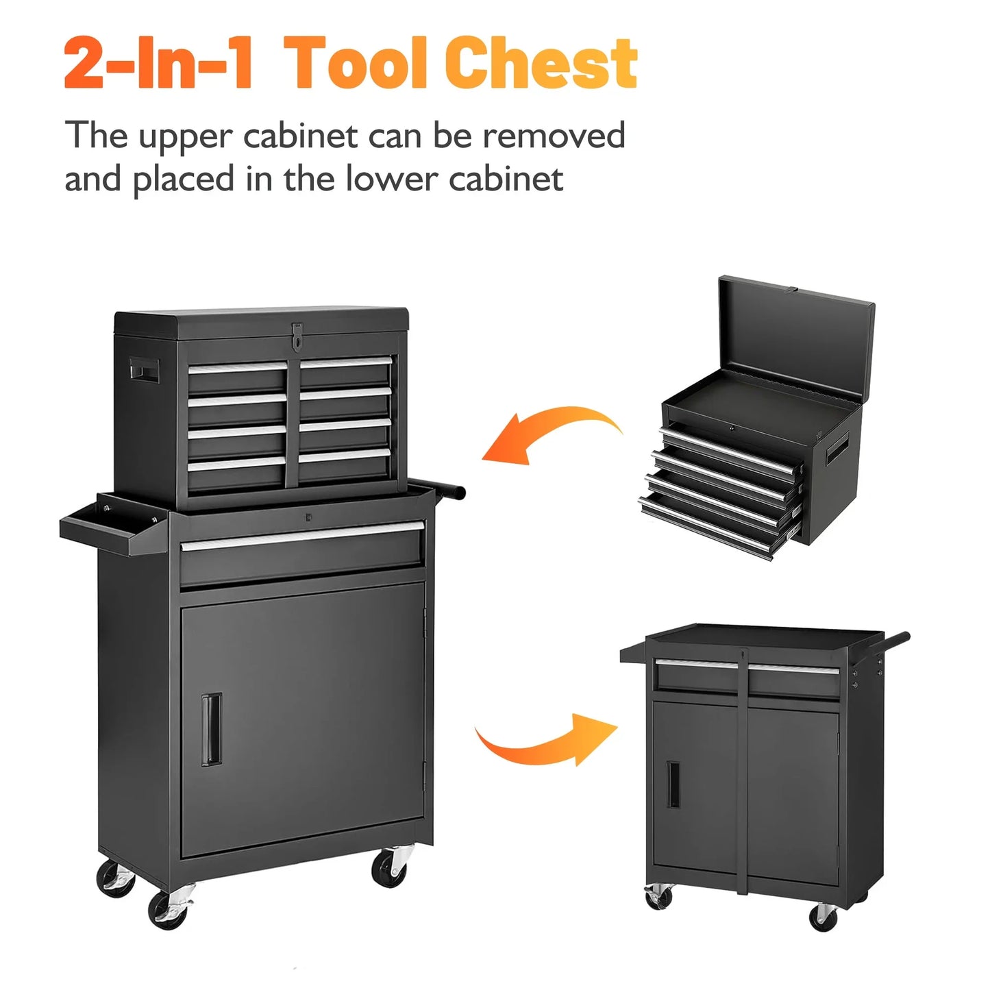 2-in-1 Tool Chest on Wheels, Large Capacity 5-Drawer Rolling Tool Box Organizer with Wheels Lockable, Metal Tool Cabinet W/Storage Drawers, Black