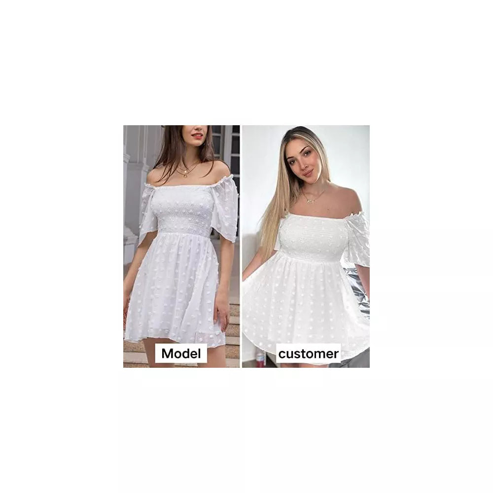 EXLURA Women's Summer Casual Square Neck Dresses Ruffle Short Sleeve Swiss Dot Flowy Mini Dress