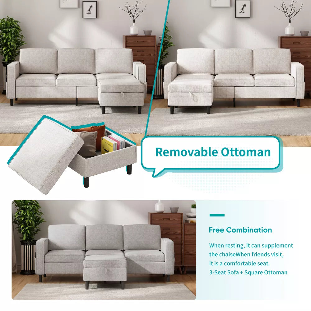 Mjkone Convertible Linen 3-Seater Sofa with Storage Ottoman&Single Sofa Chair with Side Pocket
