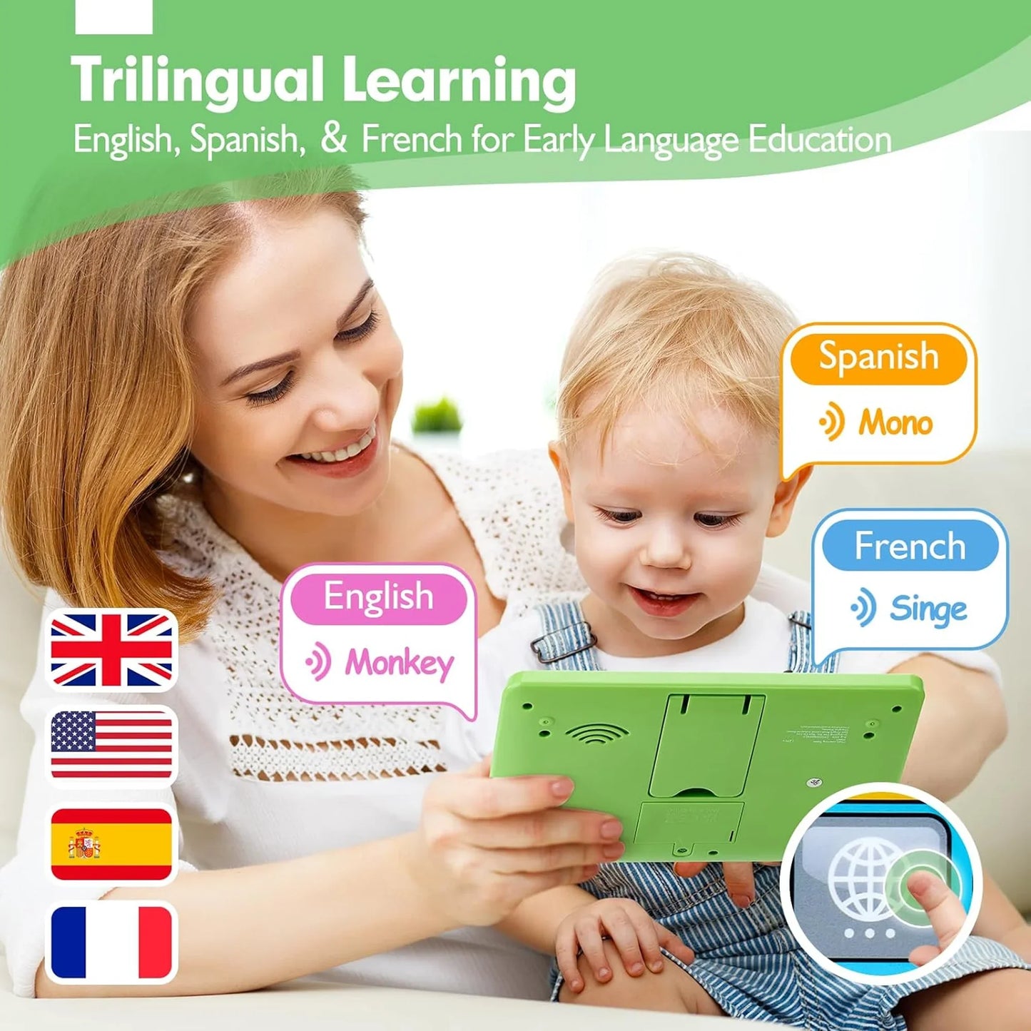Richgv Kids Learning Tablet Trilingual Learning Pad, Educational Montessori Toy Interactive Musical Toys for 1 Year Boys Girls