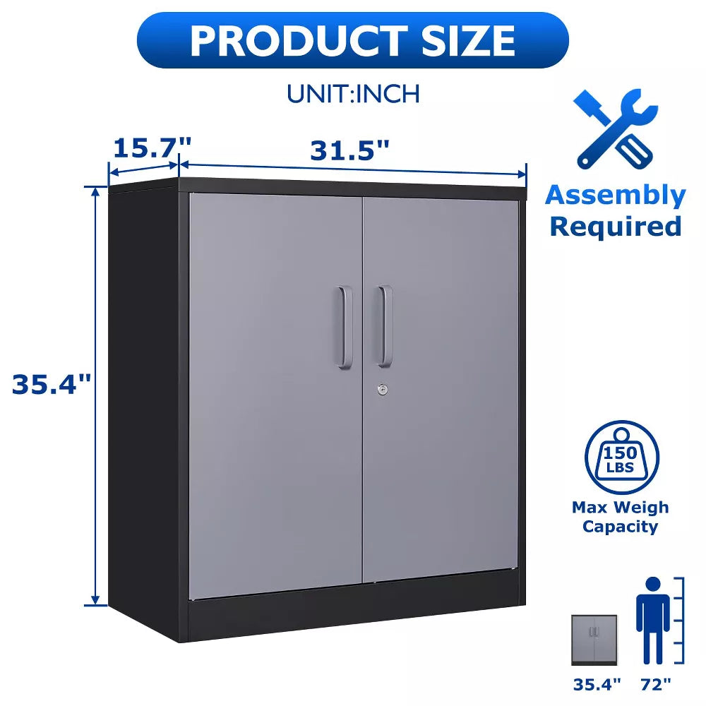Mlezan 36" Metal Storage Cabinet: 2 Adjustable Shelves, 2 Lockable Doors. Ideal for Garage, Home Office, School, or Pantry. Assembly Required.