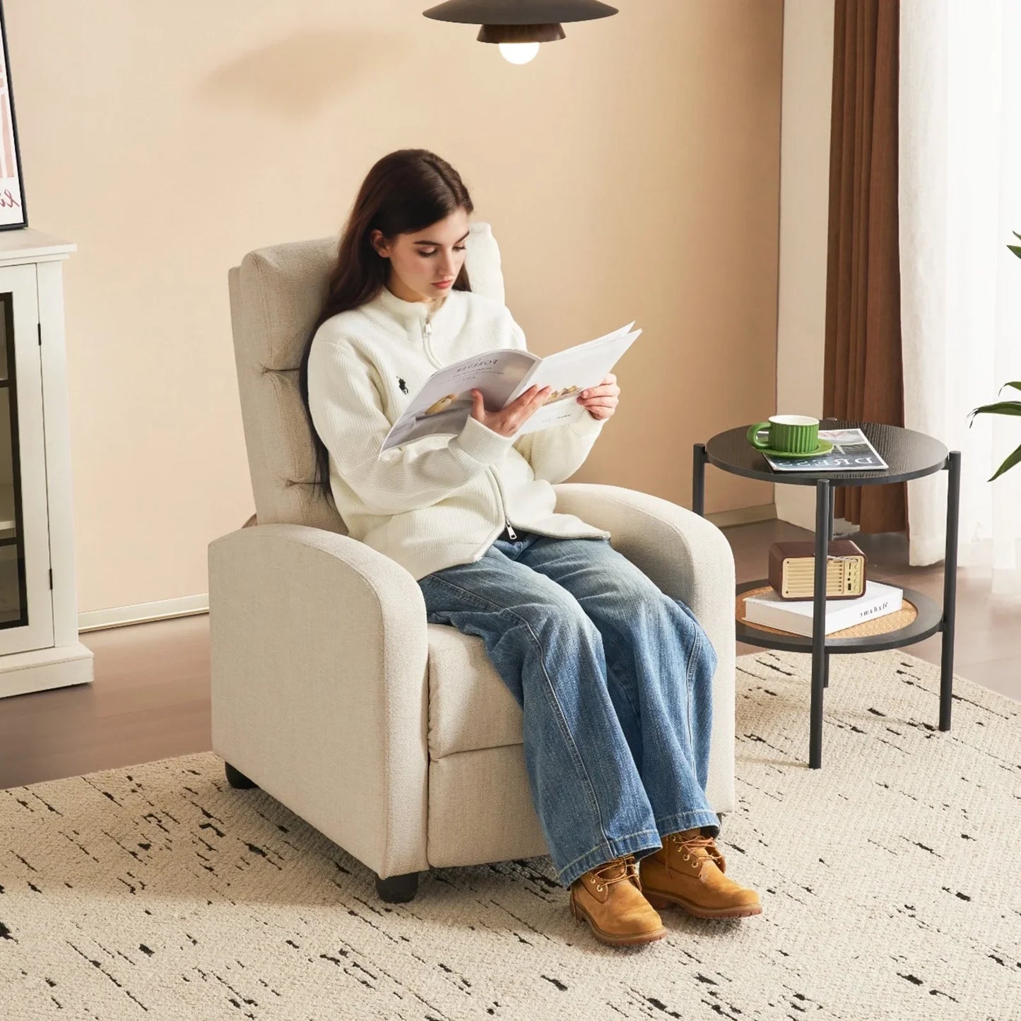 Furniliving Manual Recliner Chair, Upholstered Recliner Sofa with Footrest and Arms, Adjustable Modern Single Sofa with Padded Seat Backrest for Living Room, Beige
