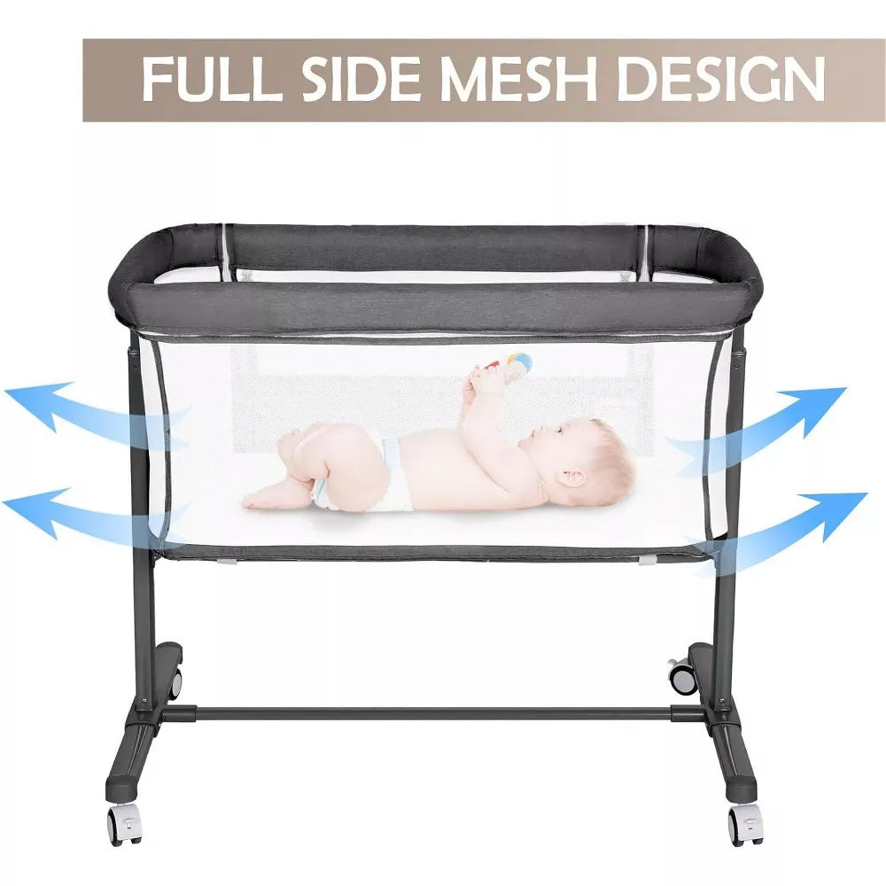 Kinder King Baby Folding Bassinet w/Wheels,Portable Newborn Bedside Sleeper All-Sided Mesh Infant Crib Removable Soft Mattress Grey