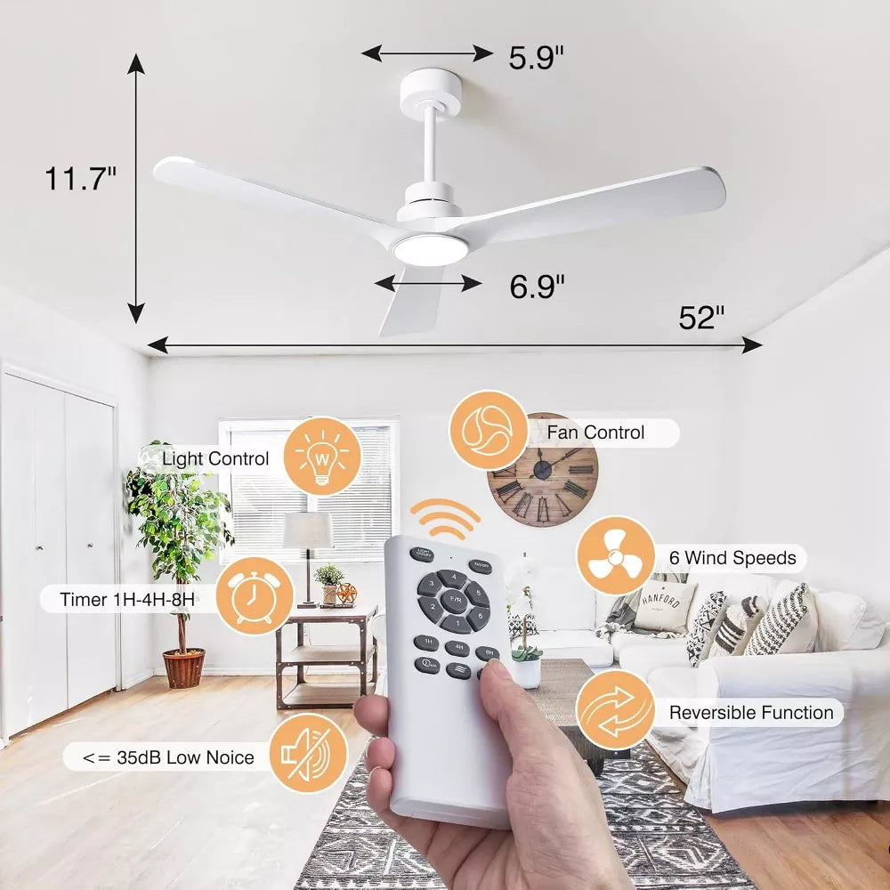 HUMHOLD 52 Inch Wood Ceiling Fan and Remote for Bedroom, Living Room
